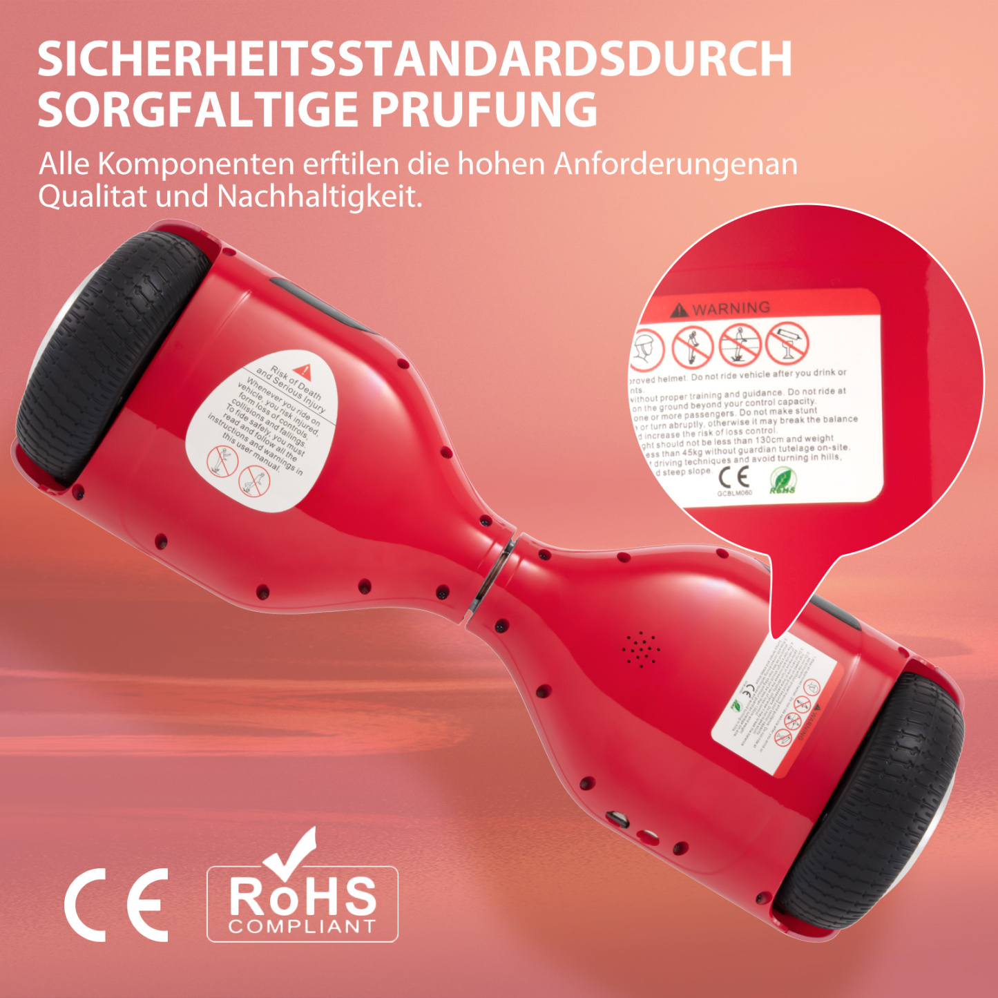 Neues 6,5" rotes Hoverboard für Kinder, mit Bluetooth Musik Lautsprecher und Disco LED Licht - 500W 12km/h