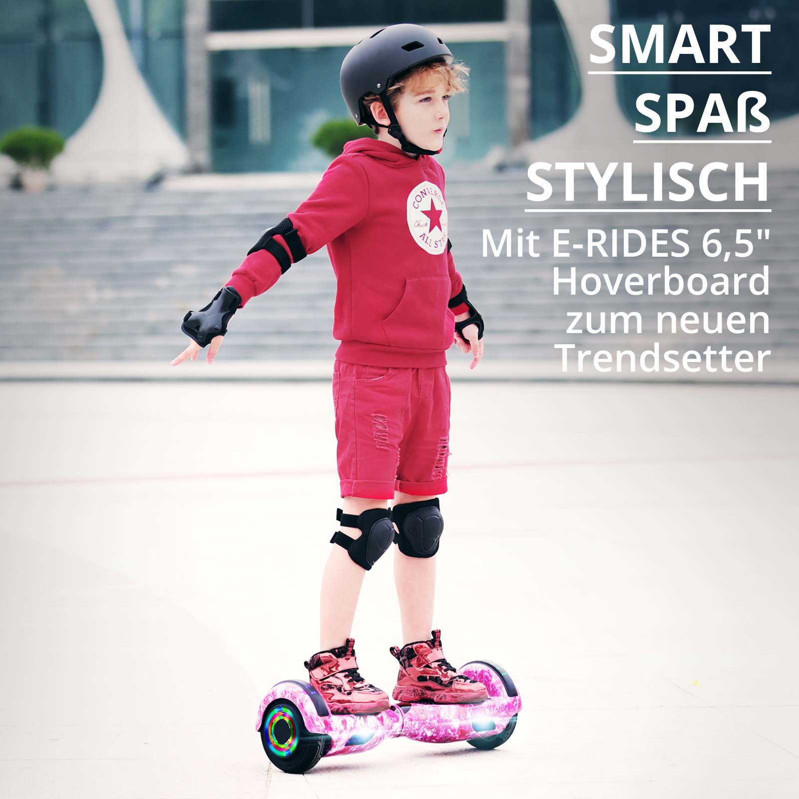 Neues 6,5" rotes Hoverboard für Kinder, mit Bluetooth Musik Lautsprecher und Disco LED Licht - 500W 12km/h