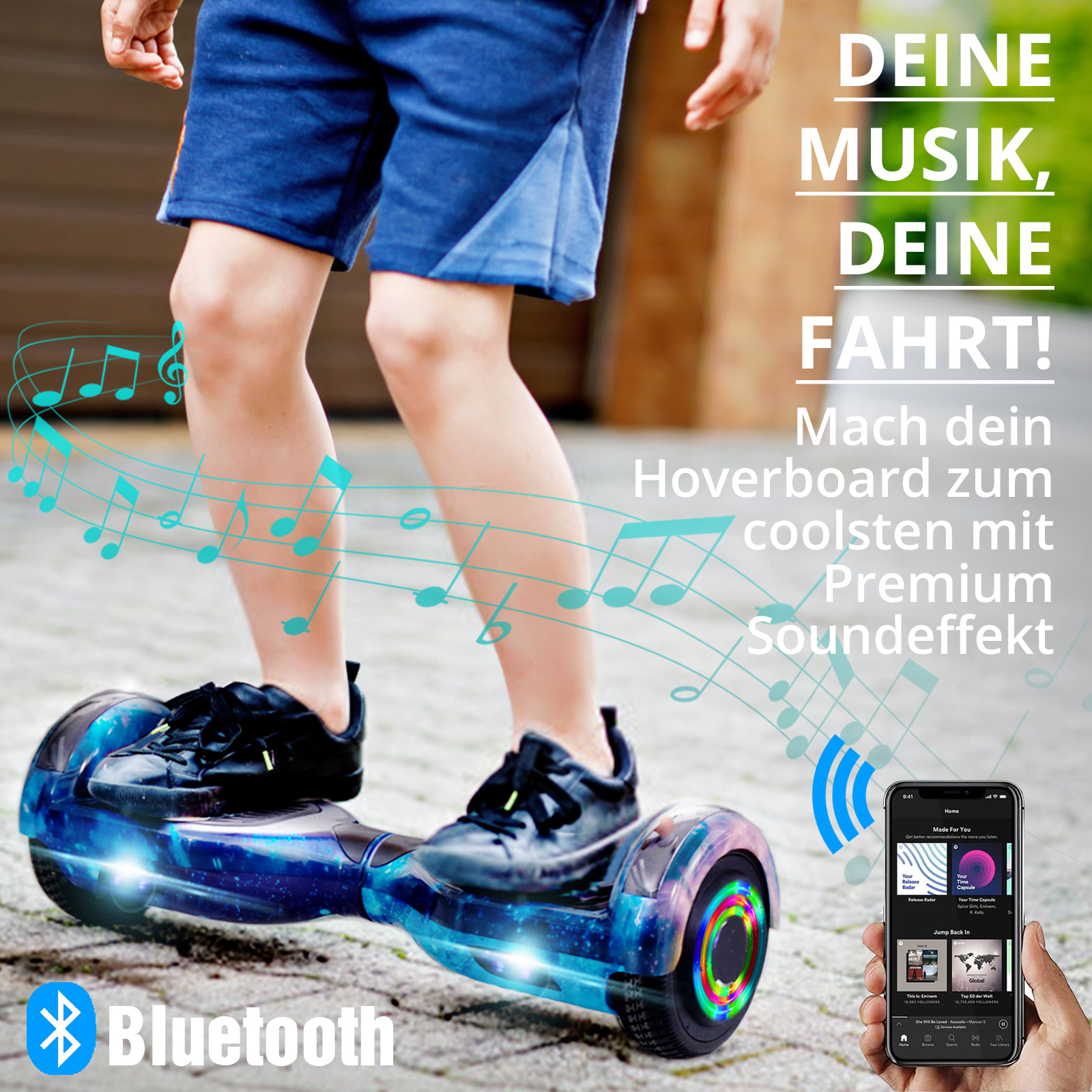 Neues 6,5" schwarzes Hoverboard für Kinder, mit Bluetooth Musik Lautsprecher und Disco LED Licht - 500W 12km/h