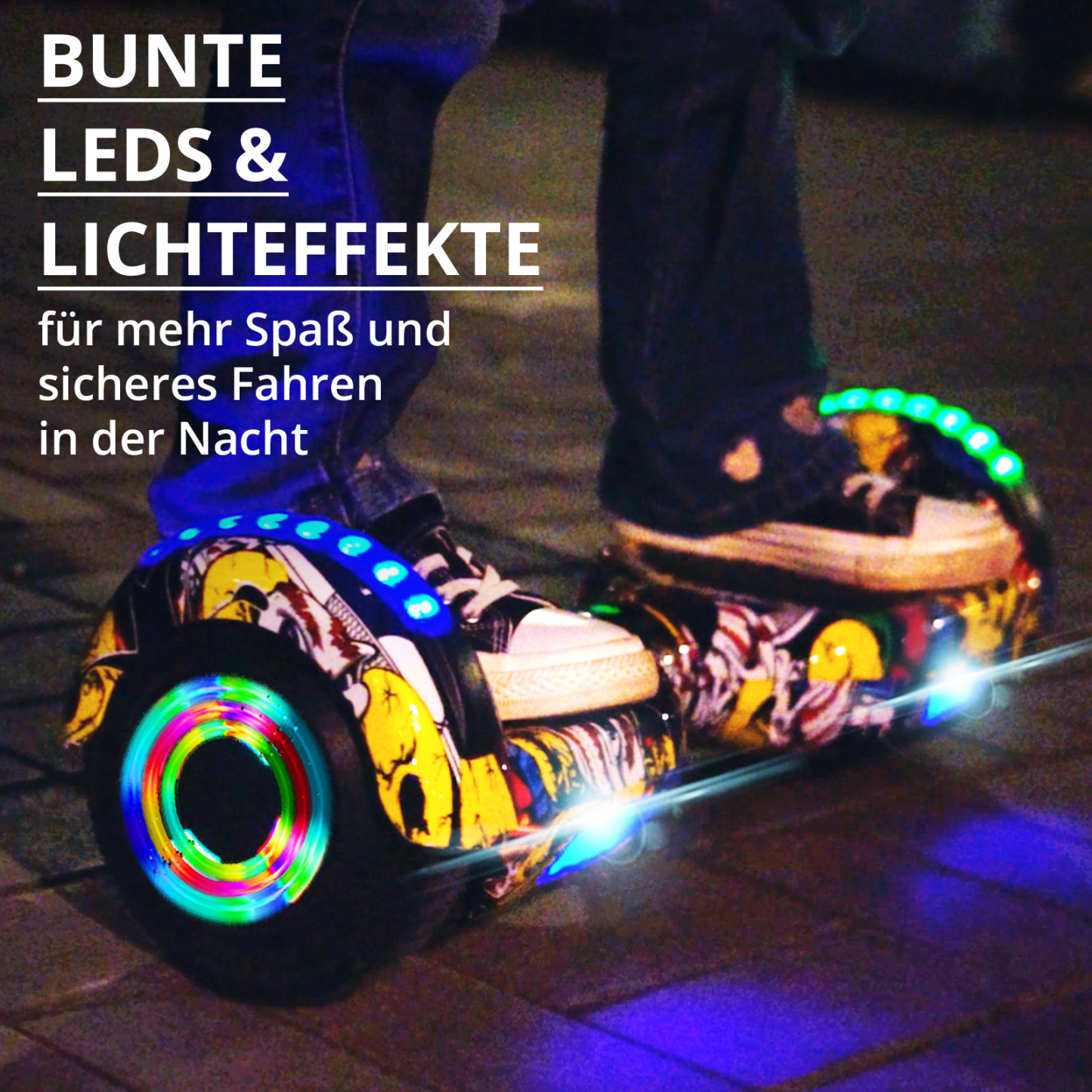Neues 6,5" Hip Hop Graffiti Hoverboard für Kinder, mit Bluetooth Musik Lautsprecher und Disco LED Licht - 500W 12km/h