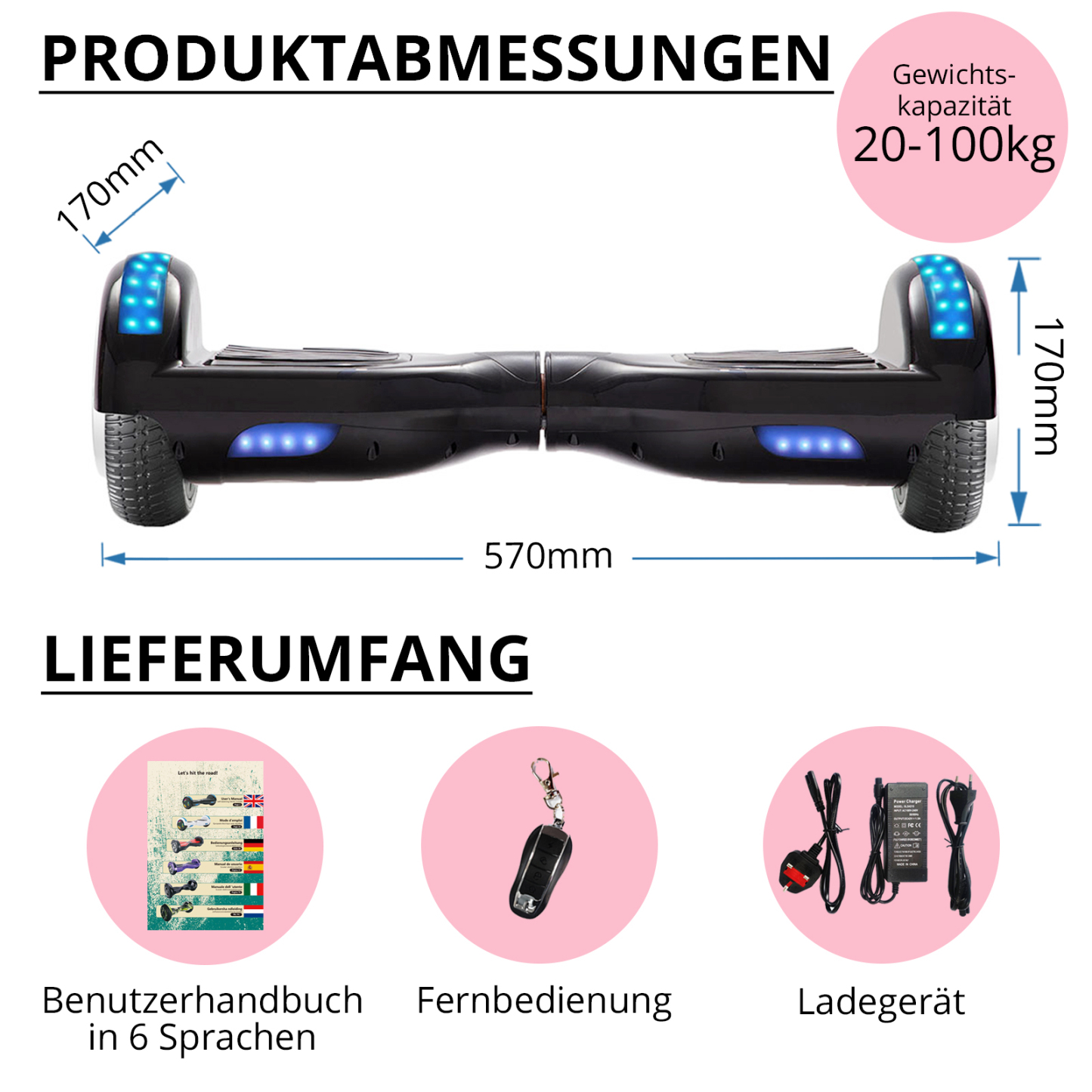 Neues 6,5" schwarzes Hoverboard für Kinder, mit Bluetooth Musik Lautsprecher und Disco LED Licht - 500W 12km/h