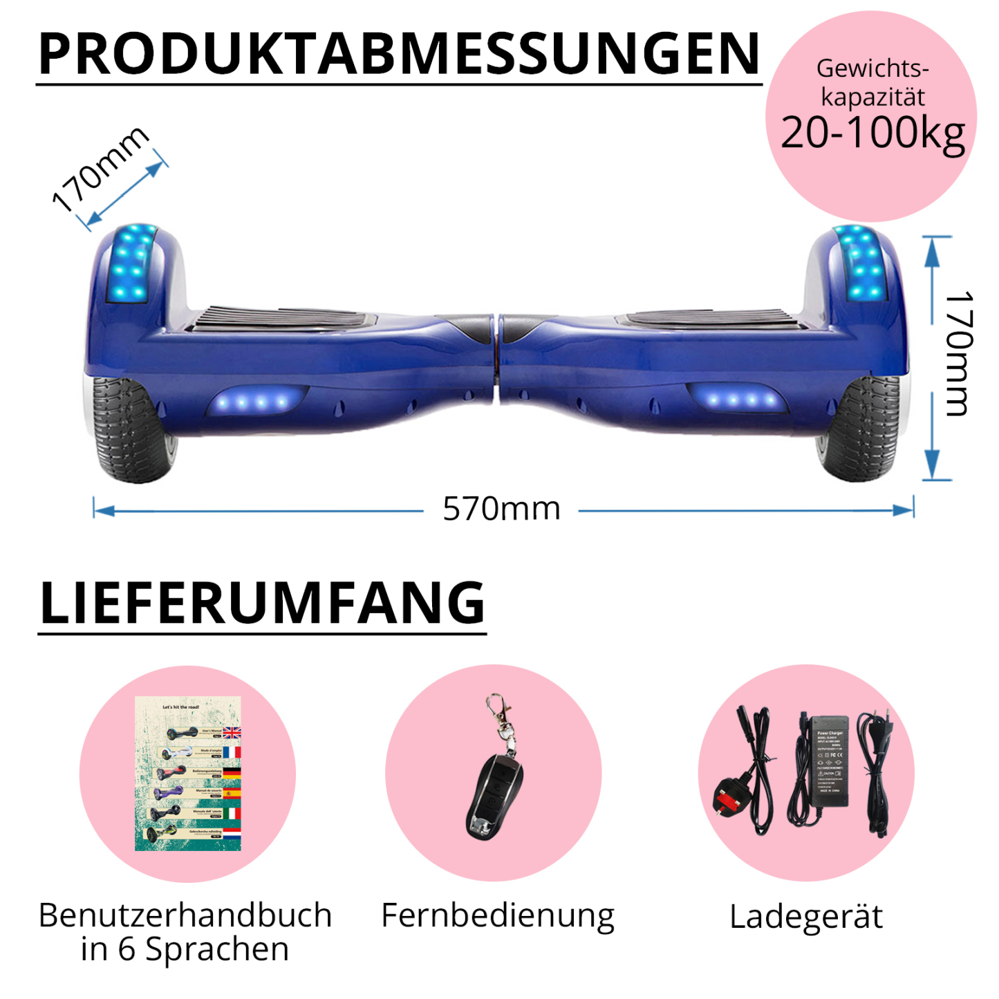 Neues 6,5" blaues Hoverboard für Kinder, mit Bluetooth Musik Lautsprecher und Disco LED Licht - 500W 12km/h