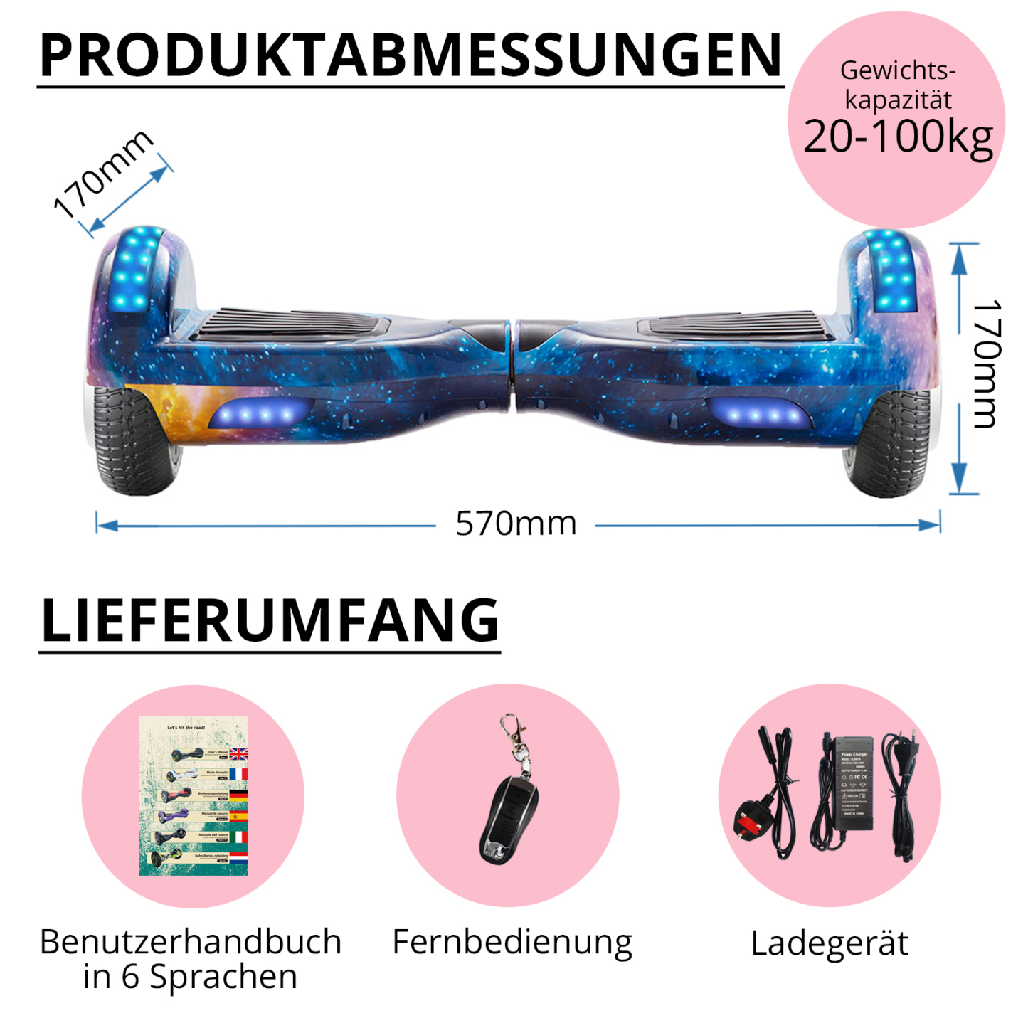 Neues 6,5" blaue Galaxie Hoverboard für Kinder, mit Bluetooth Musik Lautsprecher und Disco LED Licht - 500W 12km/h