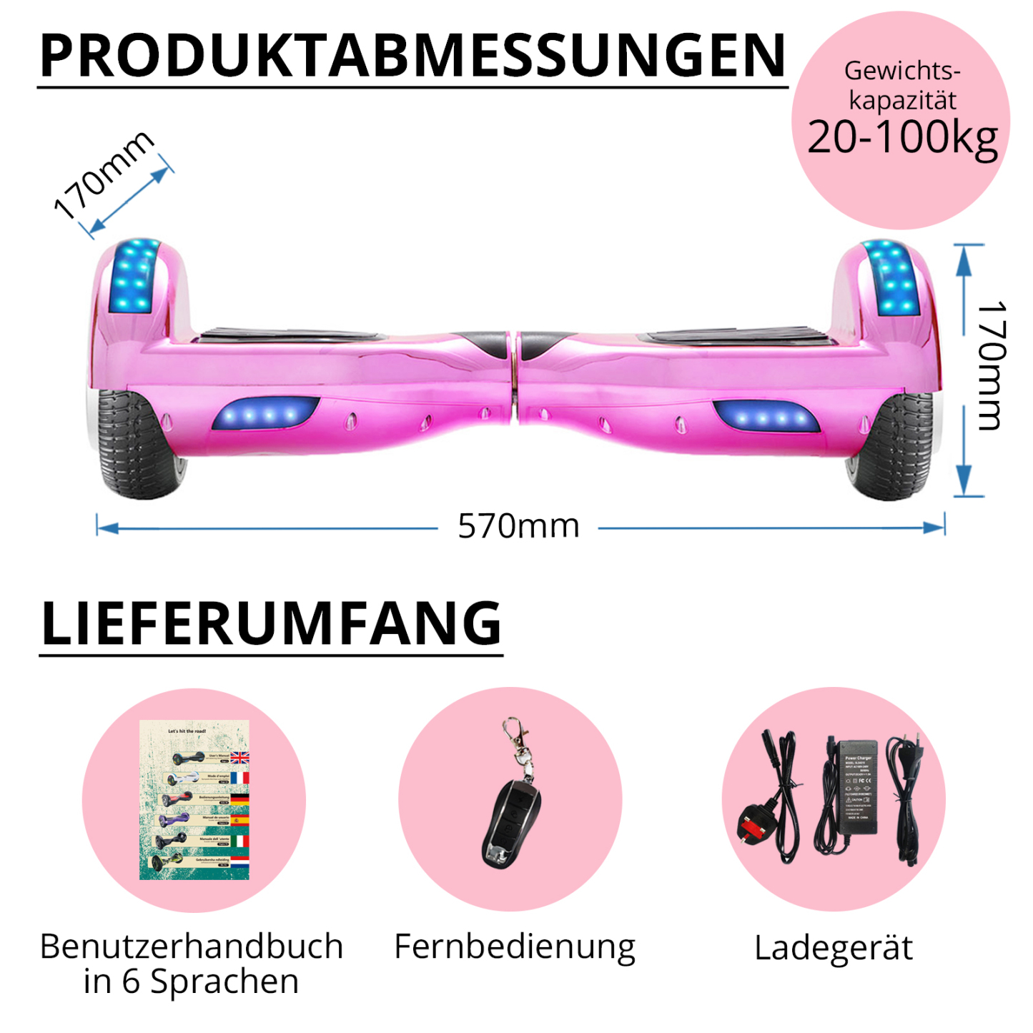 Neues 6,5" pink Hoverboard für Kinder, mit Bluetooth Musik Lautsprecher und Disco LED Licht - 500W 12km/h
