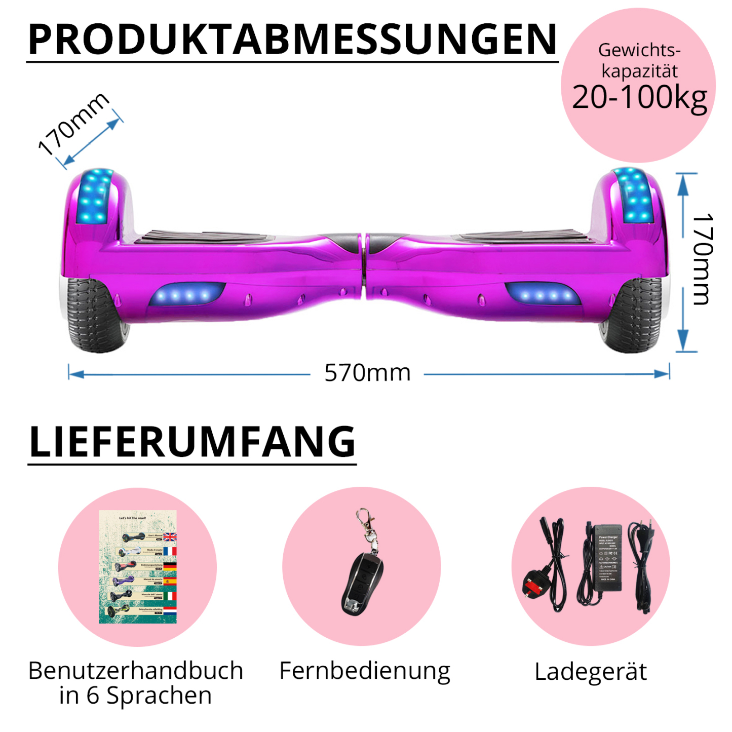 Neues 6,5" lila Hoverboard für Kinder, mit Bluetooth Musik Lautsprecher und Disco LED Licht - 500W 12km/h