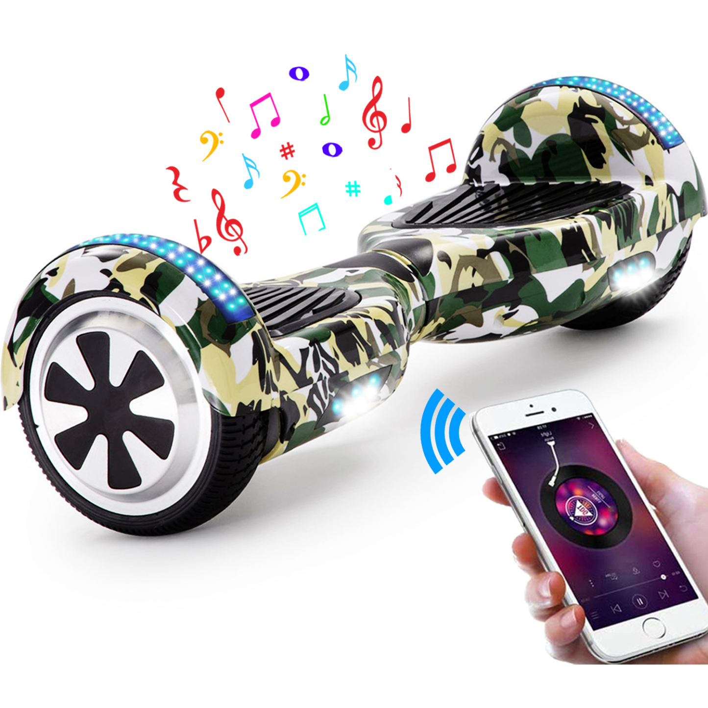 Neues 6,5" Camouflage Hoverboard grün mit Bluetooth Musik Lautsprecher und LED Licht - 500W 12km/h