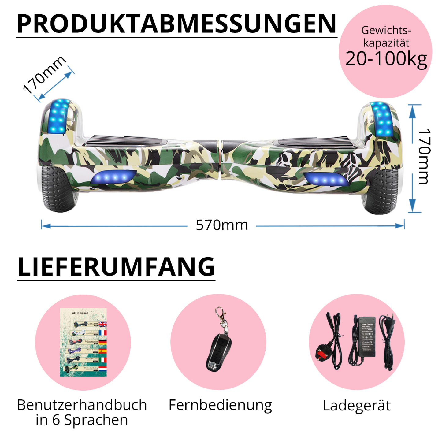 Neues 6,5" Camouflage grünes Hoverboard für Kinder, mit Bluetooth Musik Lautsprecher und Disco LED Licht - 500W 12km/h