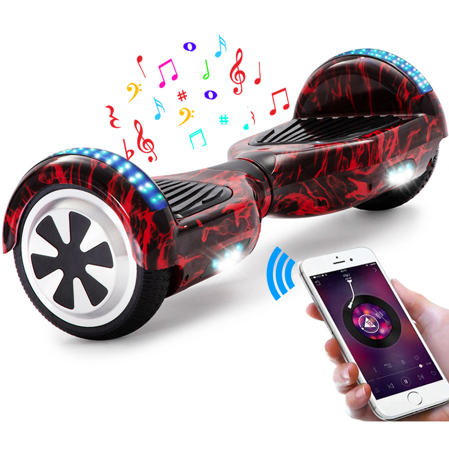 Neues 6,5" Flamme Hoverboard rot mit Bluetooth Musik Lautsprecher und LED Licht - 500W 12km/h
