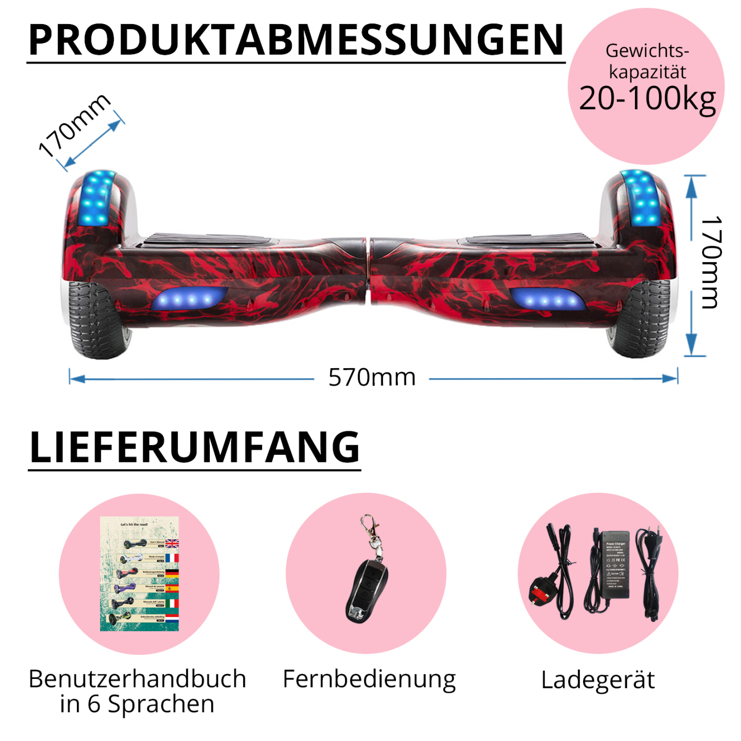 Neues 6,5" rote Flamme Hoverboard für Kinder, mit Bluetooth Musik Lautsprecher und Disco LED Licht - 500W 12km/h