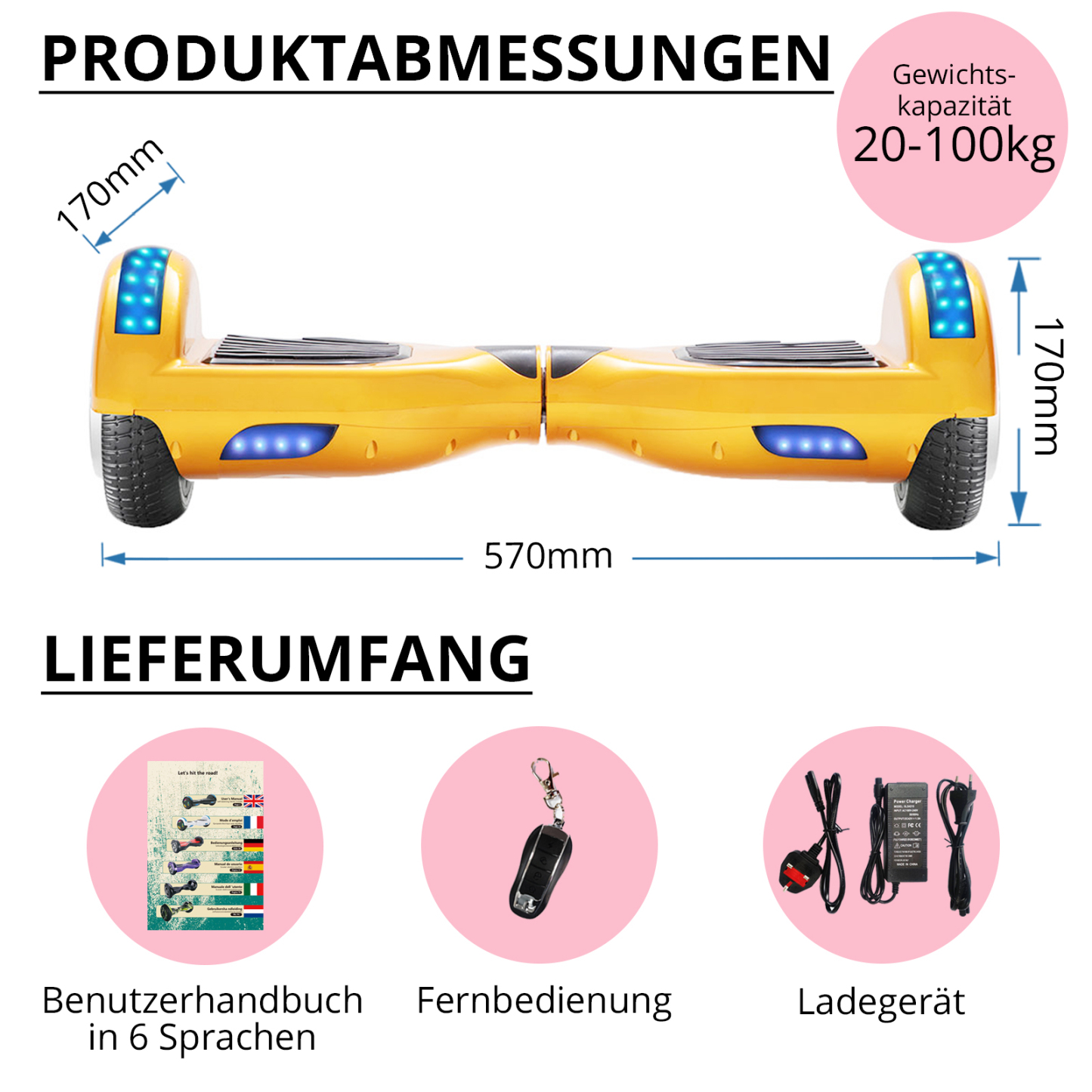 Neues 6,5" gold Hoverboard für Kinder, mit Bluetooth Musik Lautsprecher und Disco LED Licht - 500W 12km/h