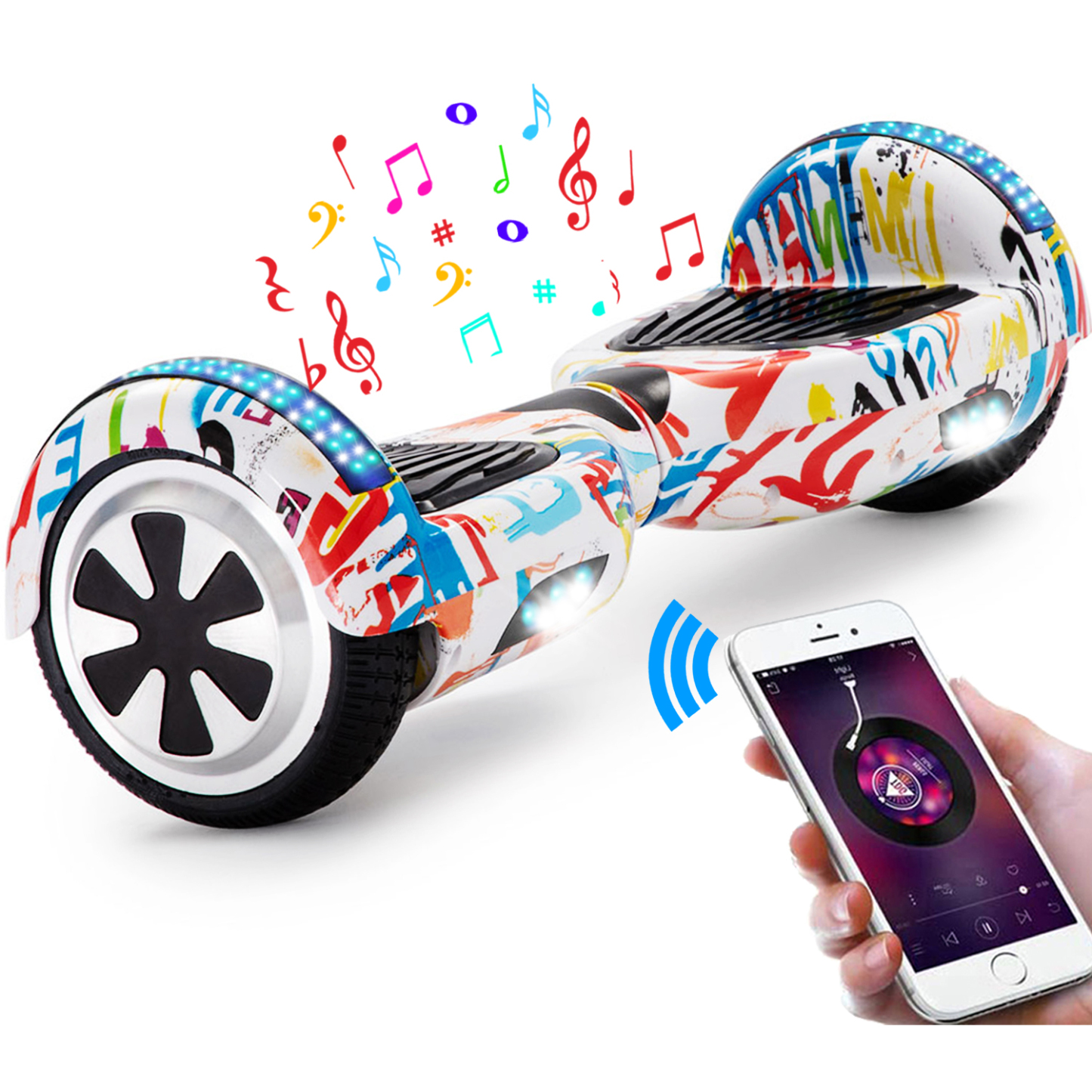 Neues 6,5" Graffiti Hoverboard weiß mit Bluetooth Musik Lautsprecher und LED Licht - 500W 12km/h
