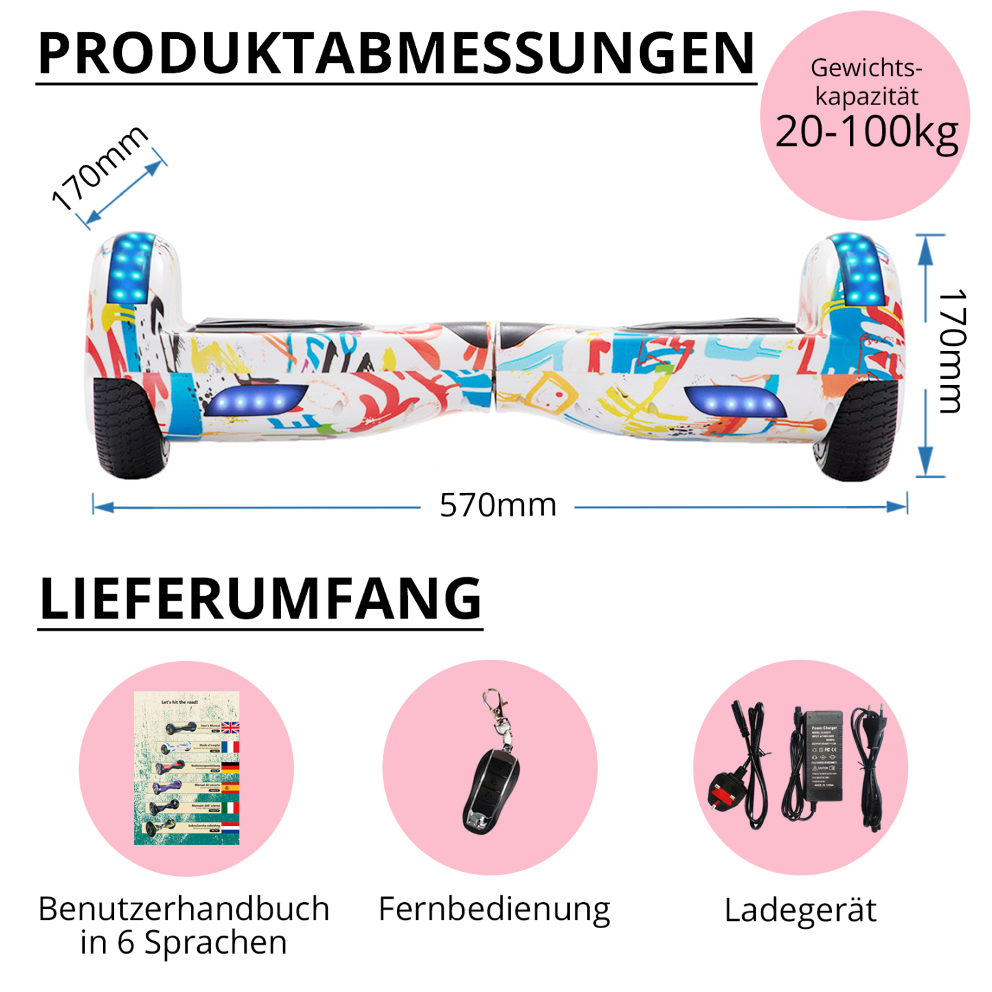 Neues 6,5" weiße Graffiti Hoverboard für Kinder, mit Bluetooth Musik Lautsprecher und Disco LED Licht - 500W 12km/h