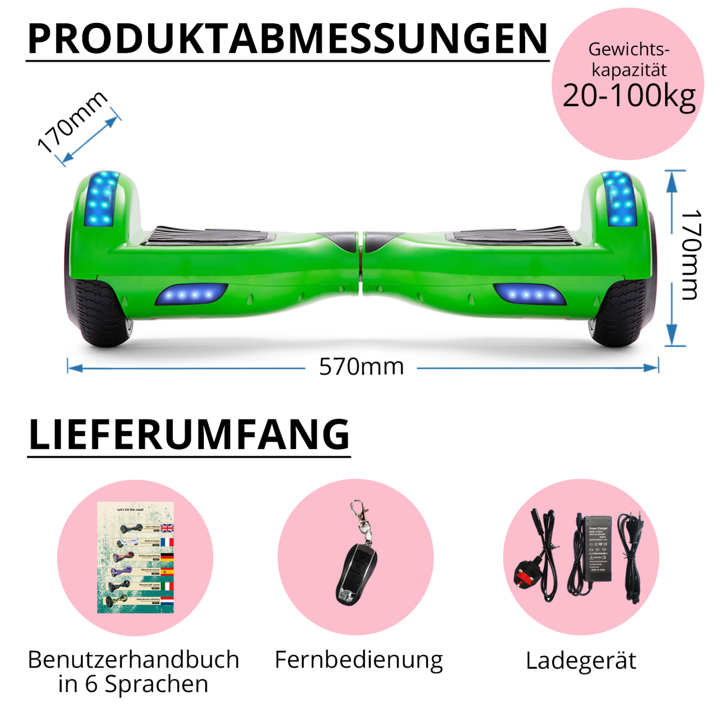 Neues 6,5" grünes Hoverboard für Kinder, mit Bluetooth Musik Lautsprecher und Disco LED Licht - 500W 12km/h