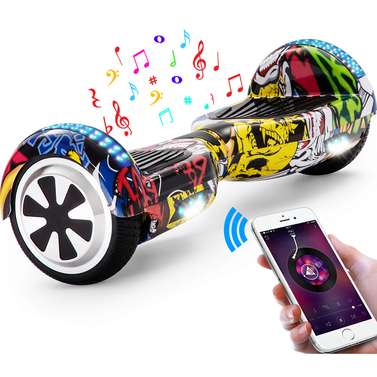 Neues 6,5" Hip Hop Graffiti Hoverboard gelb mit Bluetooth Musik Lautsprecher und LED Licht - 500W 12km/h