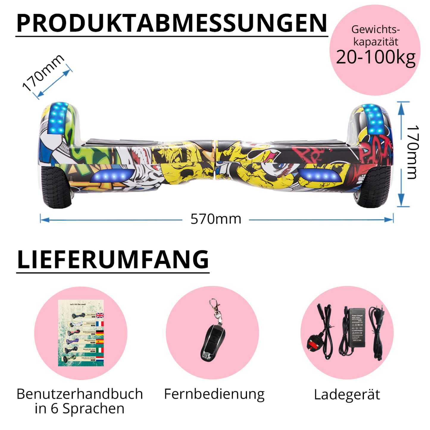 Neues 6,5" Hip Hop Graffiti Hoverboard für Kinder, mit Bluetooth Musik Lautsprecher und Disco LED Licht - 500W 12km/h