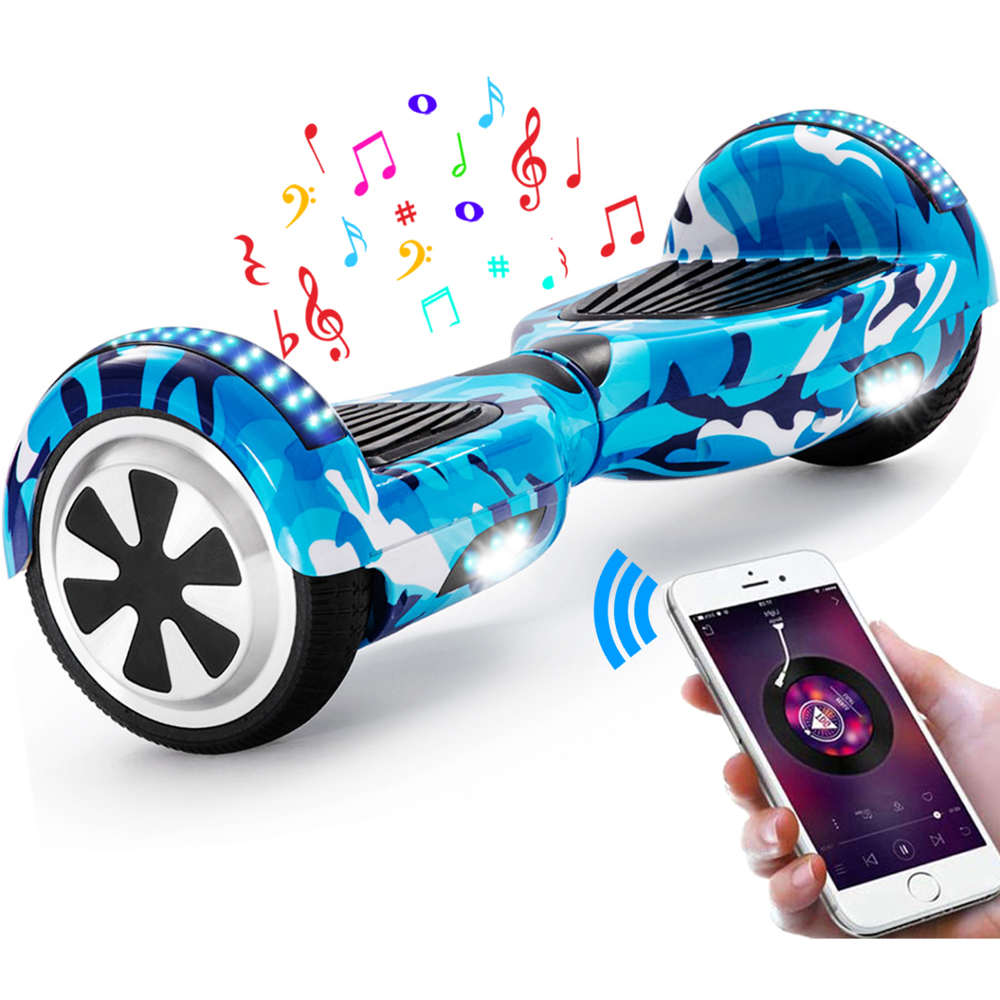 Neues 6,5" Camouflage Hoverboard blau mit Bluetooth Musik Lautsprecher und LED Licht - 500W 12km/h