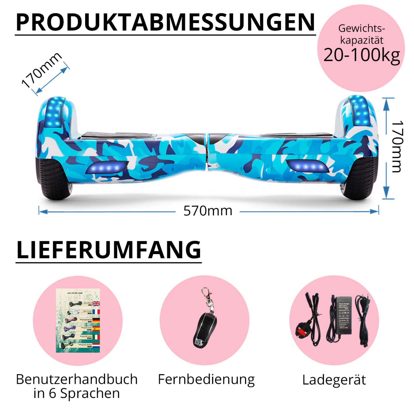 Neues 6,5" Camouflage blaues Hoverboard für Kinder, mit Bluetooth Musik Lautsprecher und Disco LED Licht - 500W 12km/h