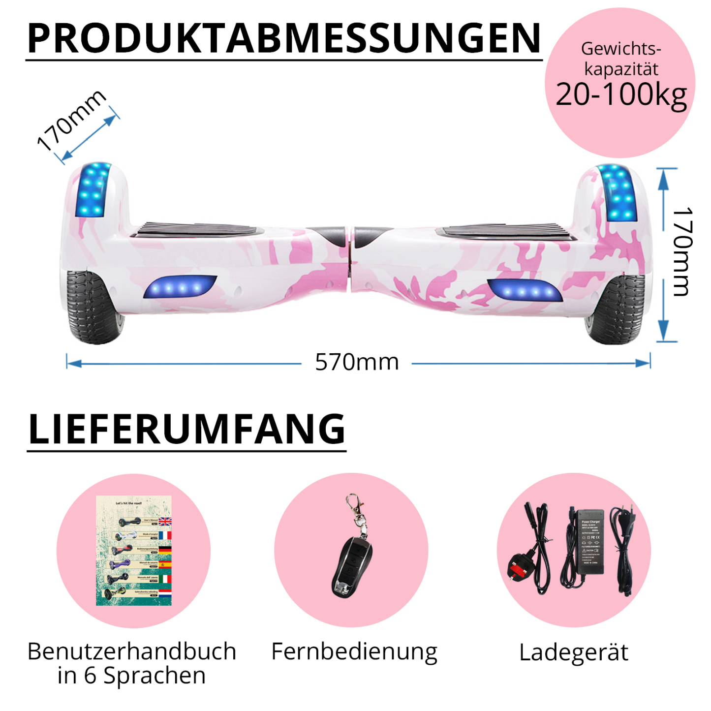 Neues 6,5" Camouflage pink Hoverboard für Kinder, mit Bluetooth Musik Lautsprecher und Disco LED Licht - 500W 12km/h