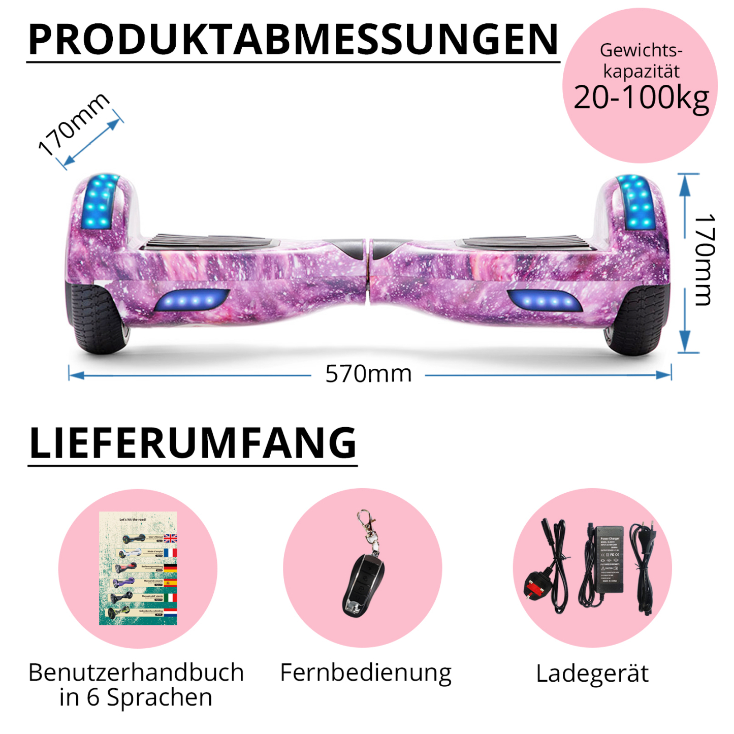 Neues 6,5" lila Galaxie Hoverboard für Kinder, mit Bluetooth Musik Lautsprecher und Disco LED Licht - 500W 12km/h