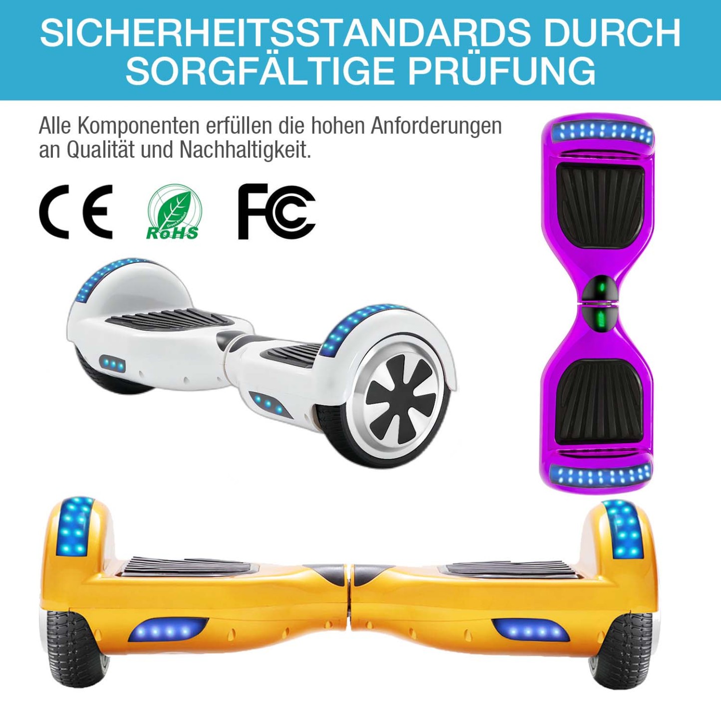 7 Farben Neue 6,5" Hoverboards mit Bluetooth Musik Lautsprecher und LED Licht - 500W 12km/h