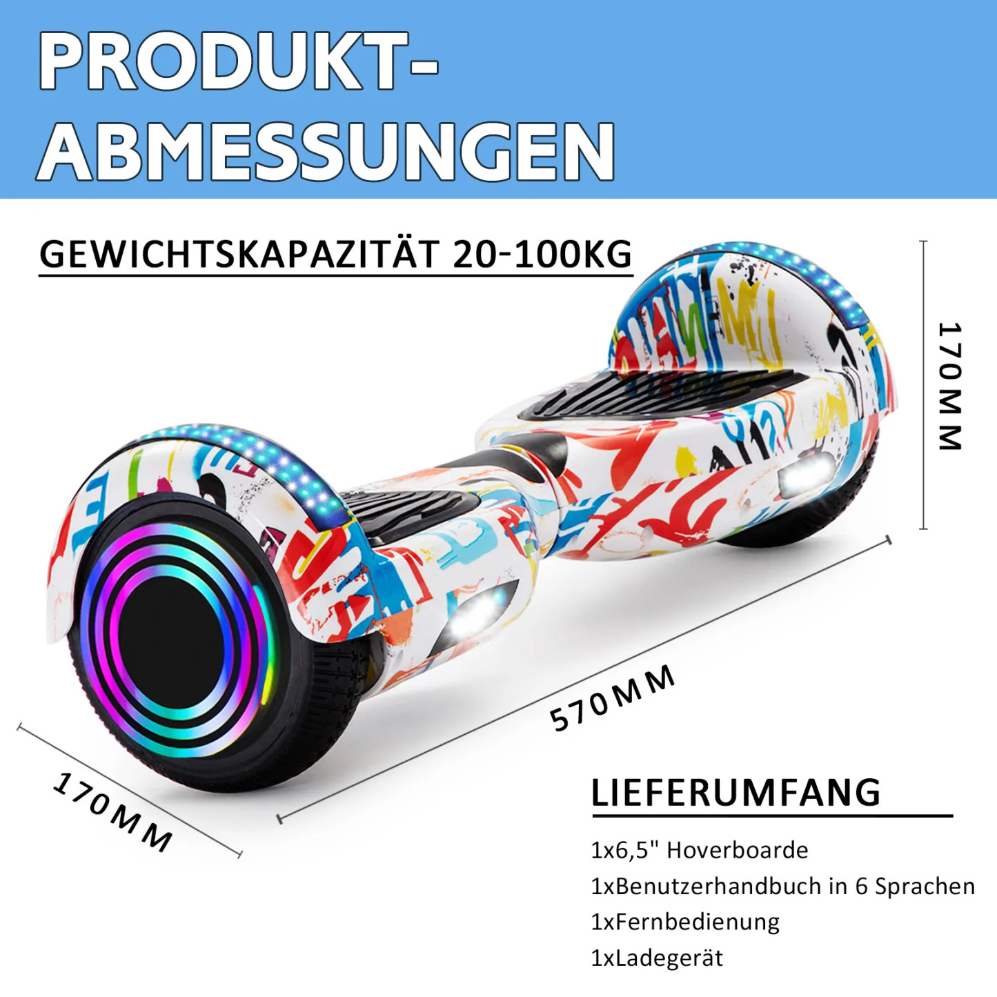 Hoverboarde Neues 6,5" weiße Graffiti Hoverboarde für Kinder, mit Bluetooth Musik Lautsprecher und Disco LED Licht - 500W 12km/h