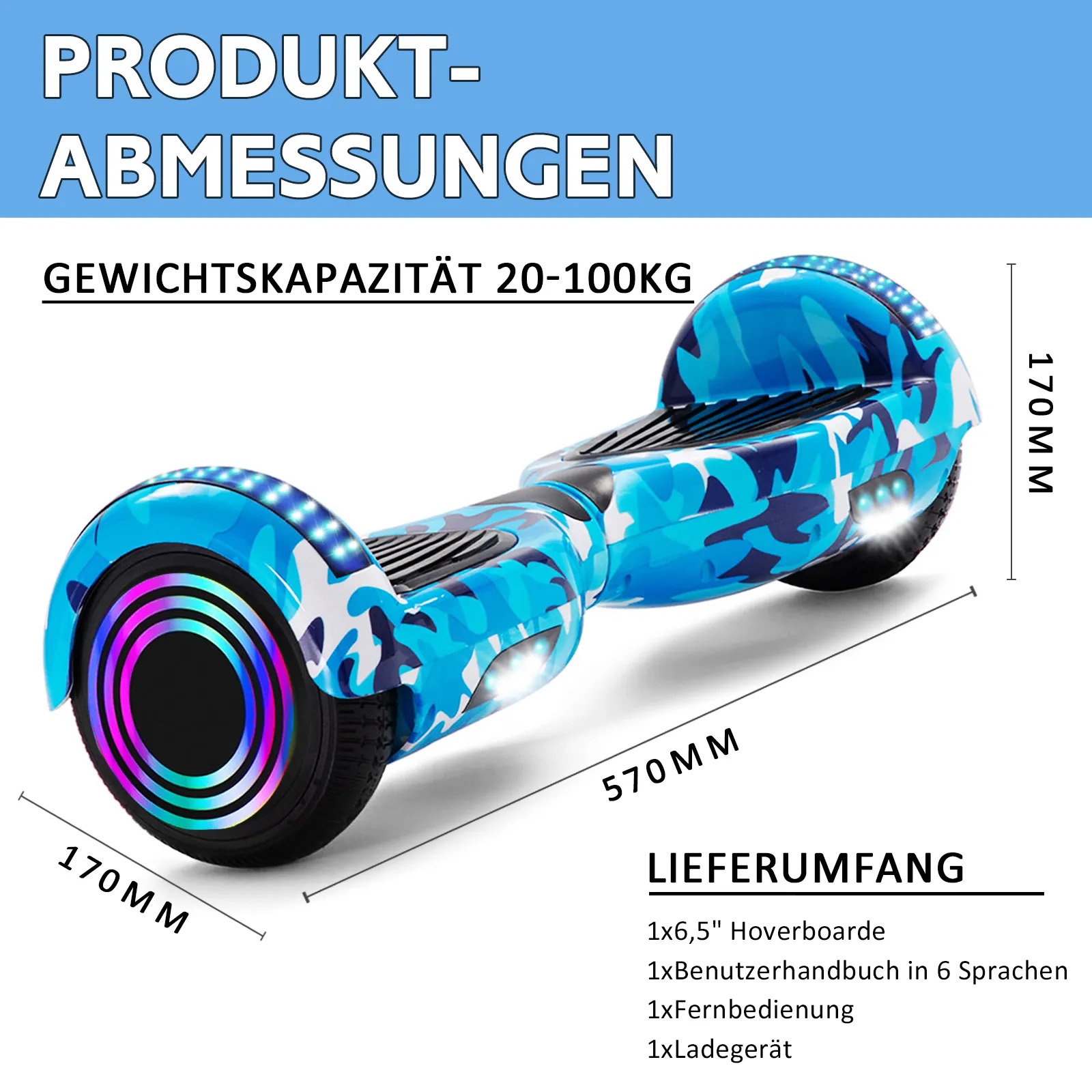 Hoverboarde Neues 6,5" Camouflage blaues Hoverboarde für Kinder, mit Bluetooth Musik Lautsprecher und Disco LED Licht - 500W 12km/h