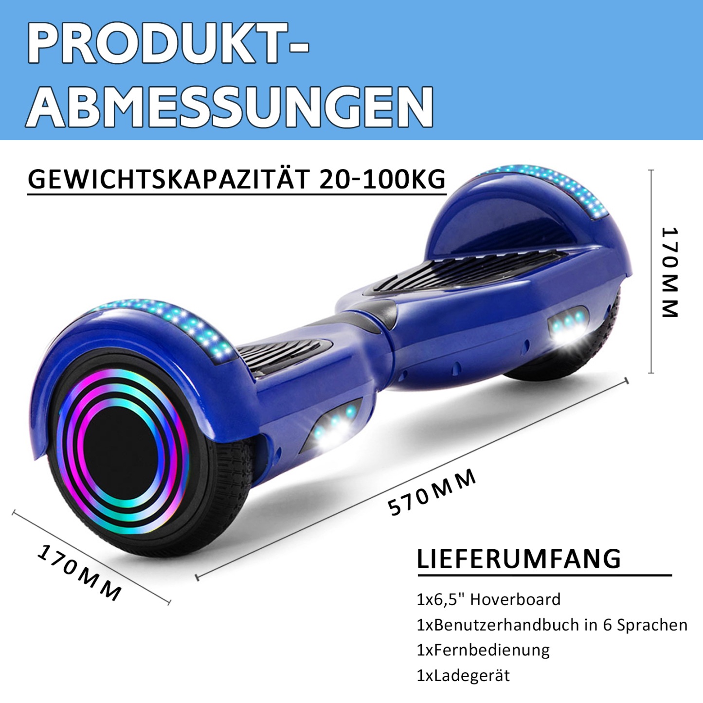 16 Farben Neue 6,5" Hoverboards für Kinder, mit Bluetooth Musik Lautsprecher und Disco LED Licht - 500W 12km/h