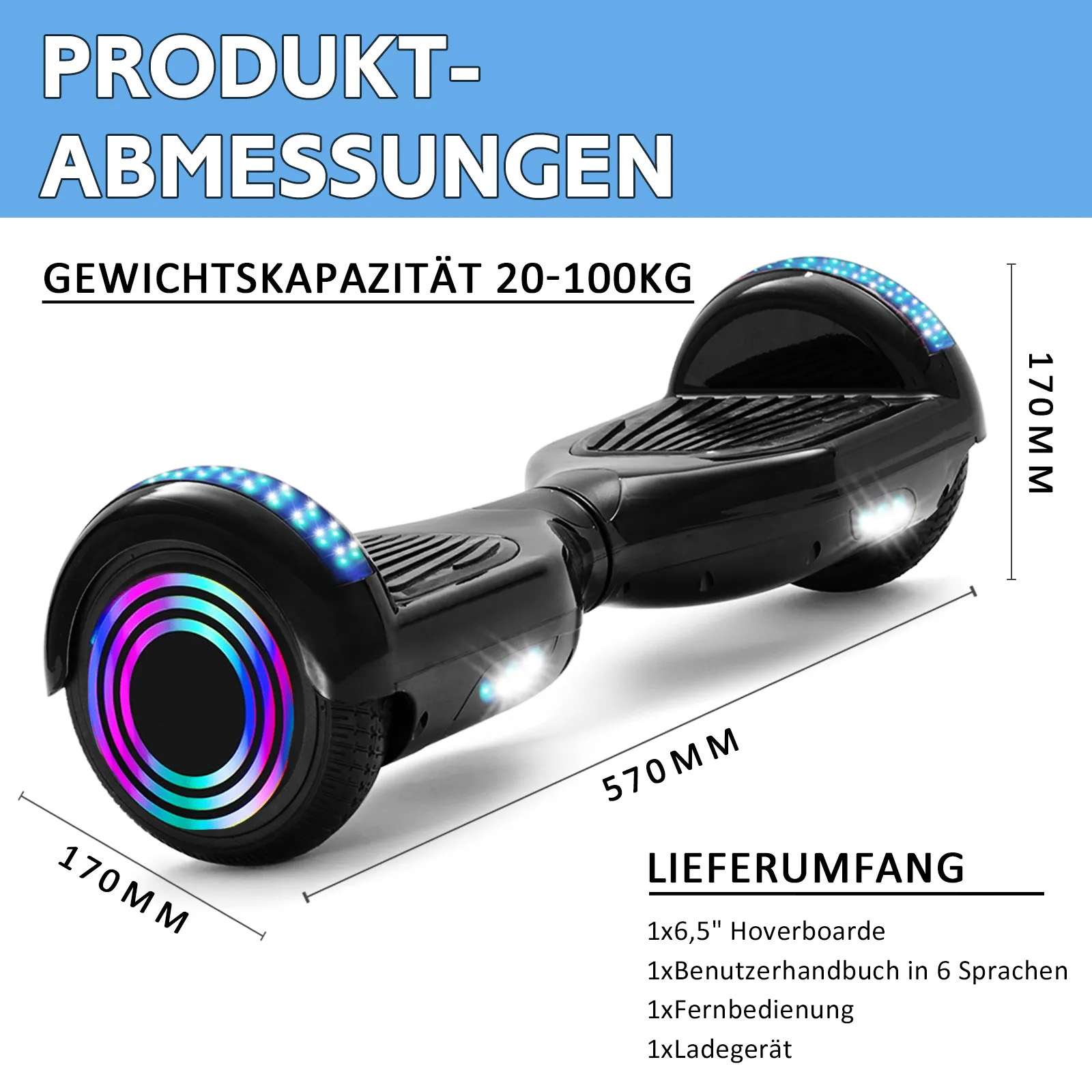 Hoverboarde Neues 6,5" schwarzes Hoverboarde für Kinder, mit Bluetooth Musik Lautsprecher und Disco LED Licht - 500W 12km/h