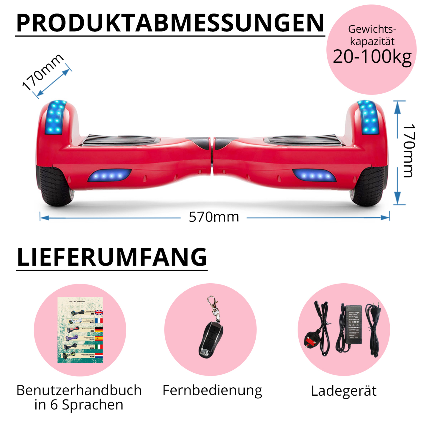 Neues 6,5" rotes Hoverboard für Kinder, mit Bluetooth Musik Lautsprecher und Disco LED Licht - 500W 12km/h