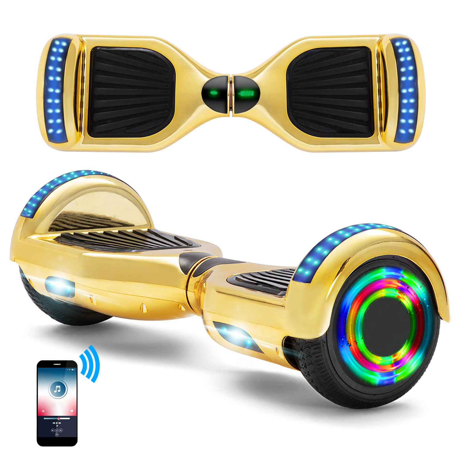Neues 6,5" Hellgold Hoverboard für Kinder, mit Bluetooth Musik Lautsprecher und Disco LED Licht - 500W 12km/h