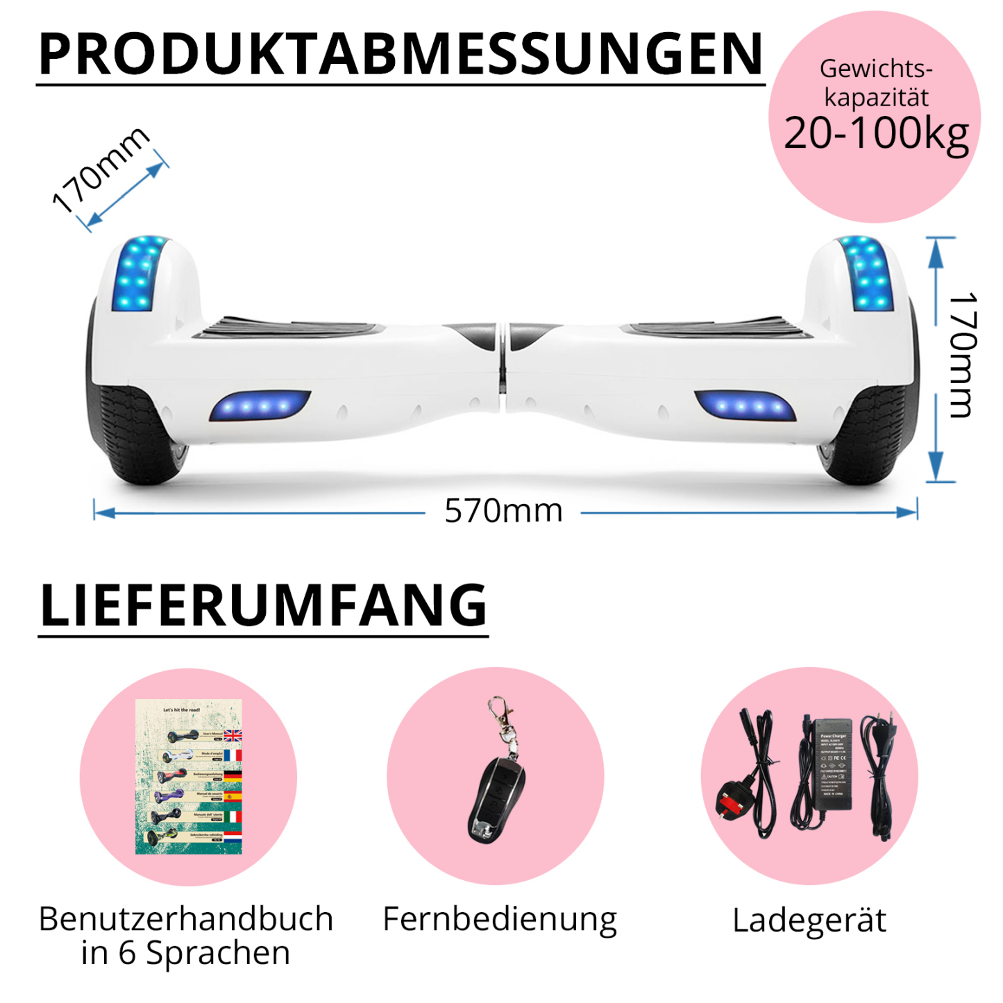 Neues 6,5" weißes Hoverboard für Kinder, mit Bluetooth Musik Lautsprecher und Disco LED Licht - 500W 12km/h