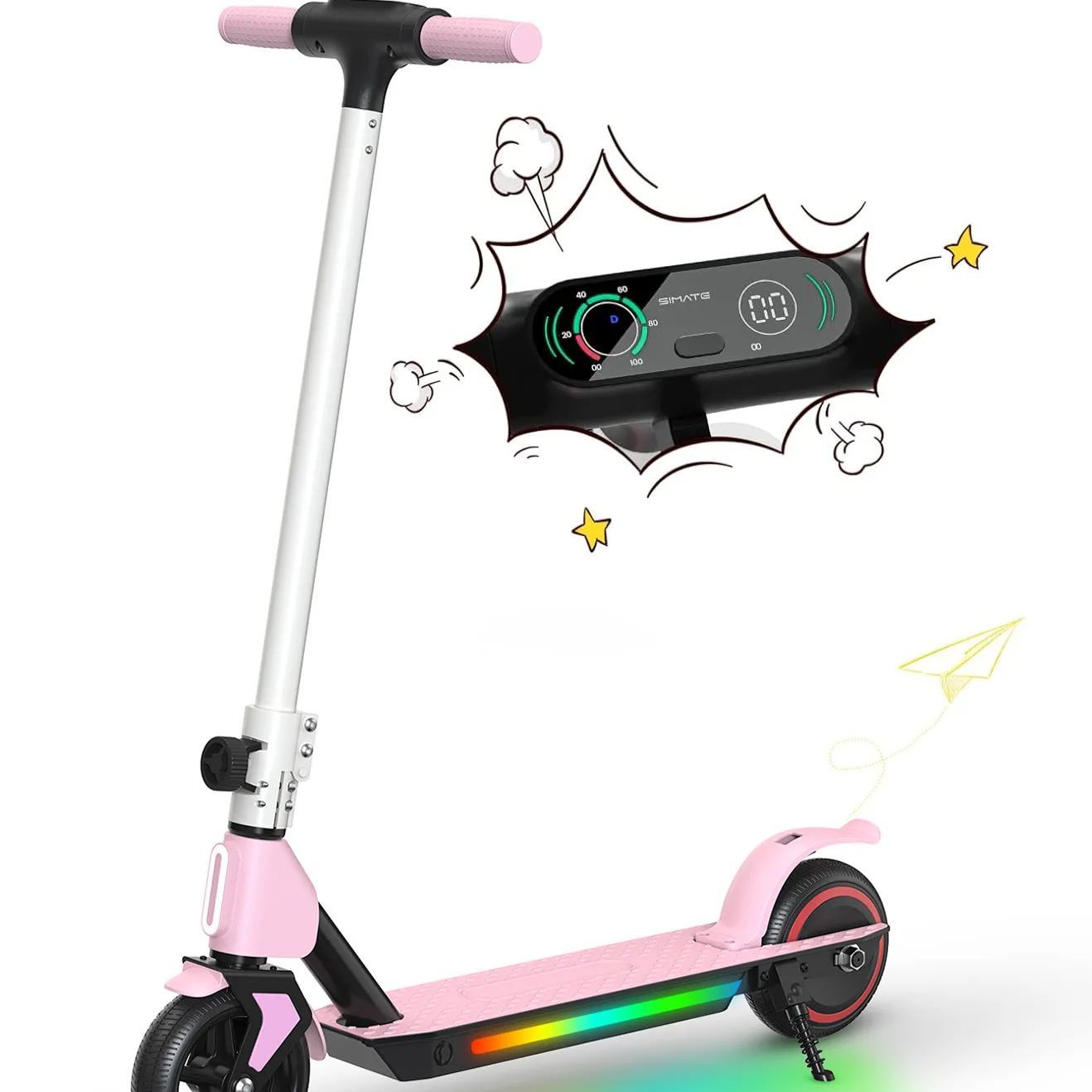 S2 Electric Kinder-Elektroroller, faltbar, Alter 6–12, Höchstgeschwindigkeit 9,3 MPH und 5 Meilen, LED-Anzeige, bunte LED-Lichter