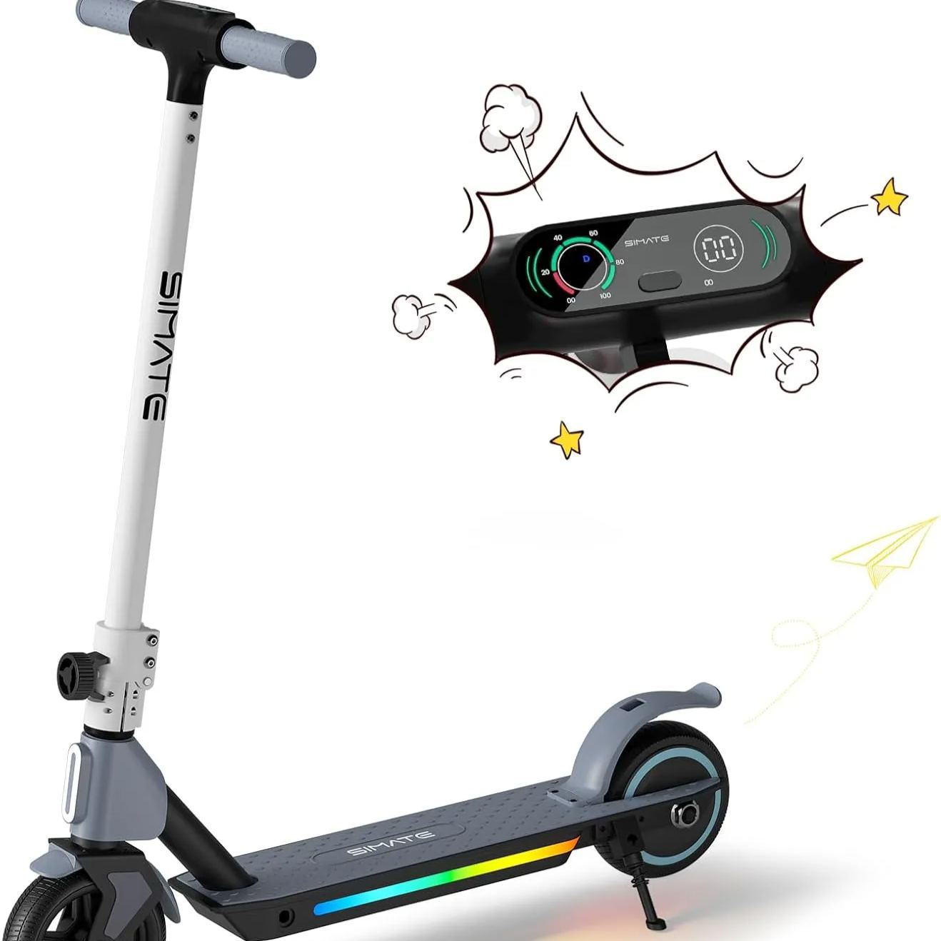S2 Electric Kinder-Elektroroller, faltbar, Alter 6–12, Höchstgeschwindigkeit 9,3 MPH und 5 Meilen, LED-Anzeige, bunte LED-Lichter
