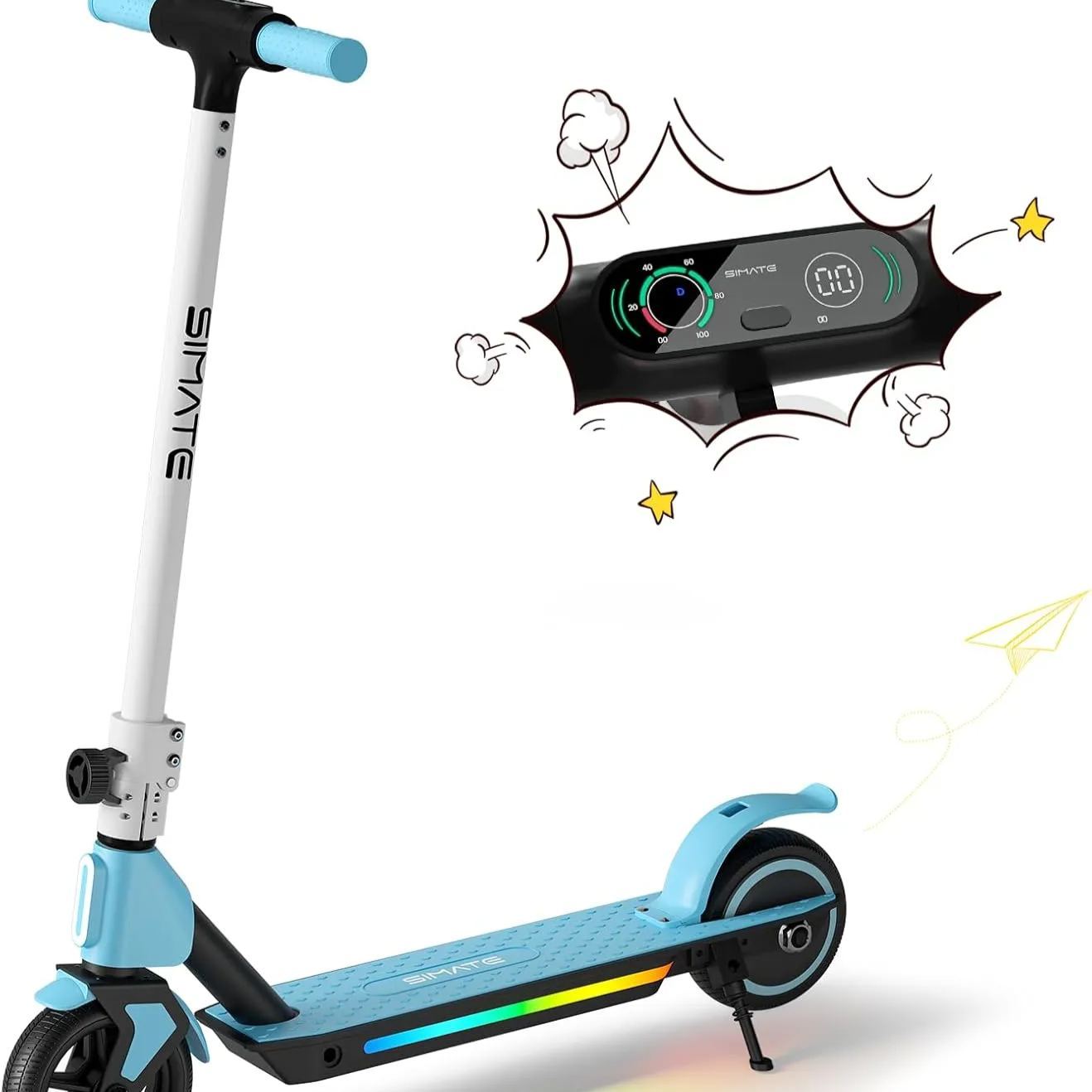 S2 Electric Kinder-Elektroroller, faltbar, Alter 6–12, Höchstgeschwindigkeit 9,3 MPH und 5 Meilen, LED-Anzeige, bunte LED-Lichter