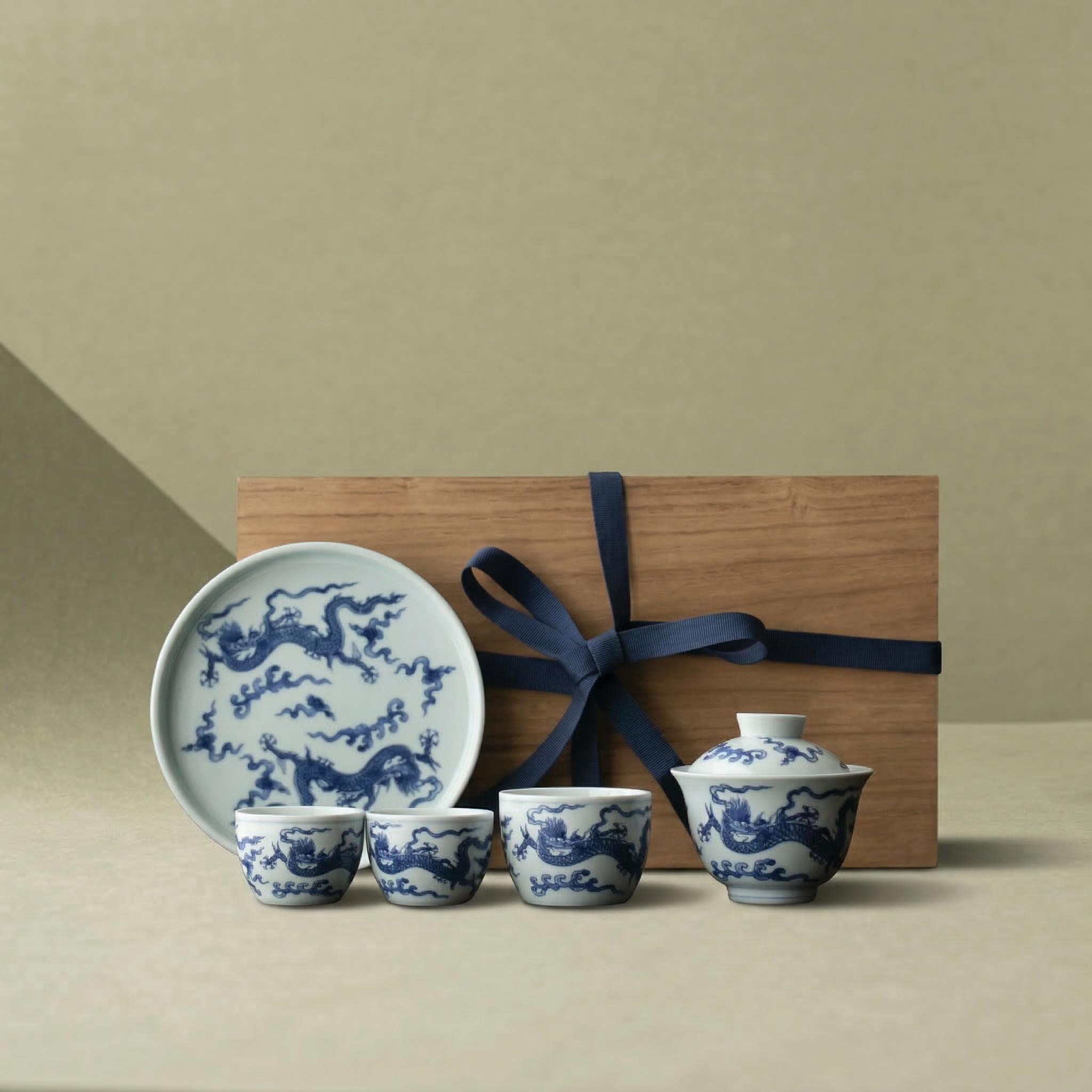 “Auspicious Dragon" Dual-Pattern Blue-and-White Tea Set