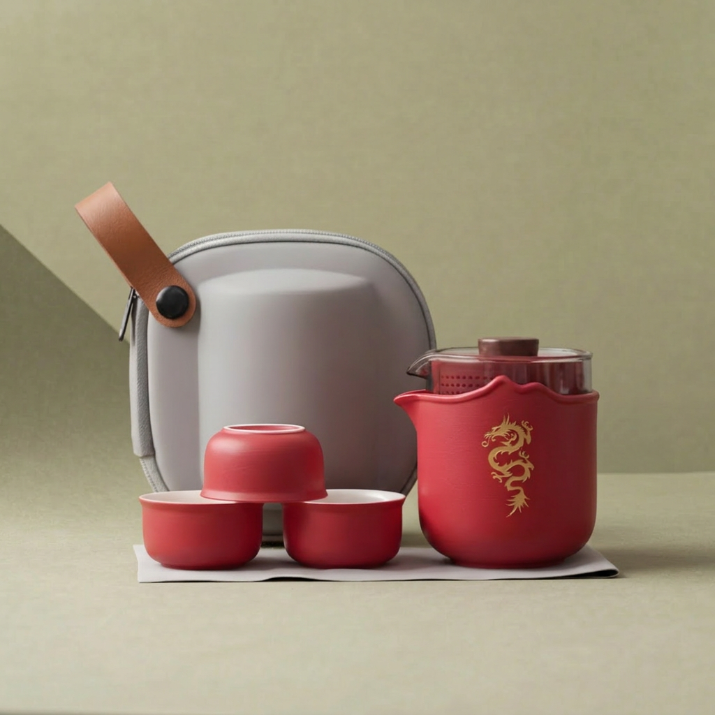 "Auspicious Dragon" - Handmade Portable Tea Set With Protective Case