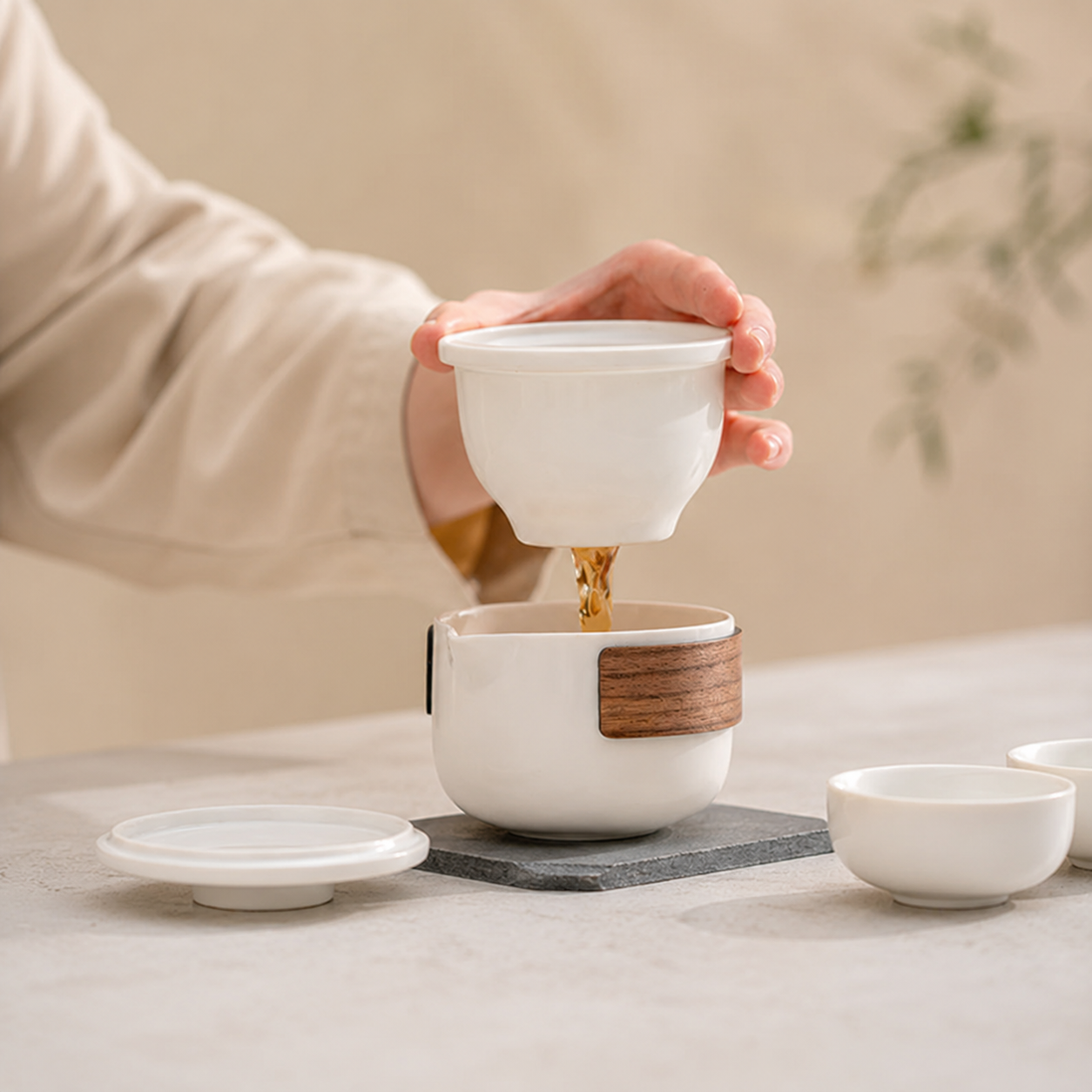 “Simple Joy" White Porcelain Portable Tea Set with Protective Case