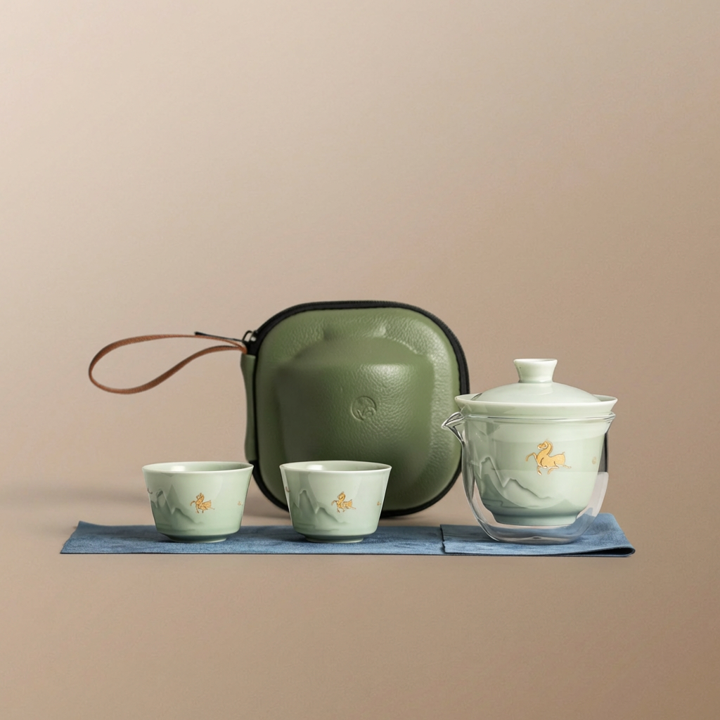 [Copy]"Jingmai“ Portable Tea Set – Celadon Gaiwan with Cups | Travel Gongfu Tea Set with Case