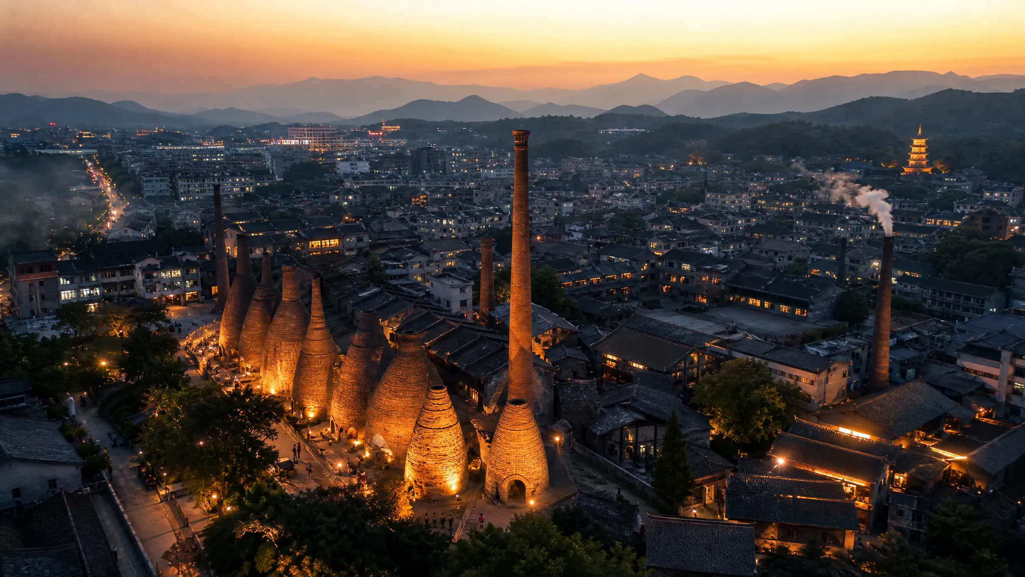 Aerial view of Jingdezhen city at dusk &mdash; ancient ceramic kilns glowing against the night sky, the Porcelain Capital of the World