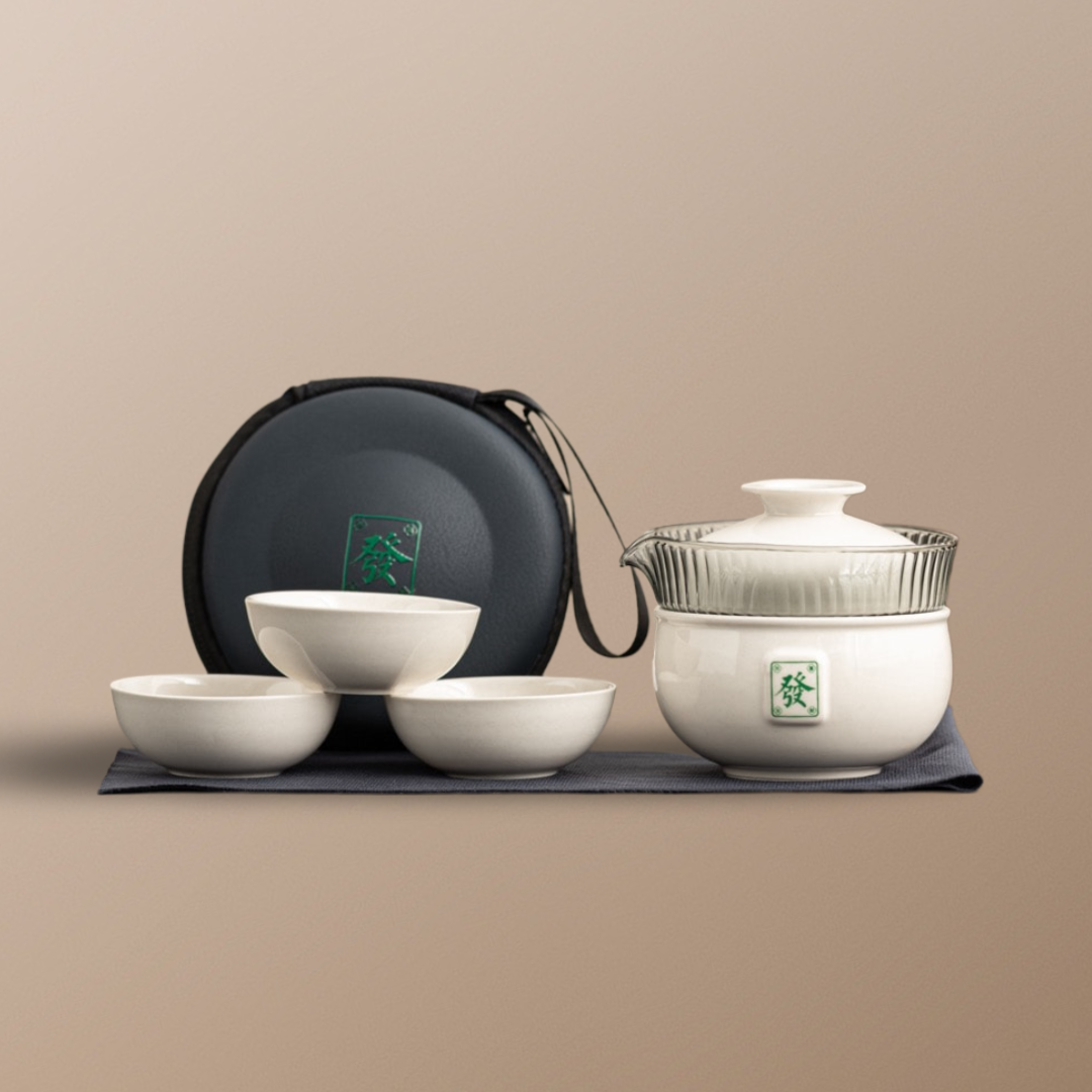 “Fa" Grass Wood Glaze Porcelain Portable Tea Set with Protective Case