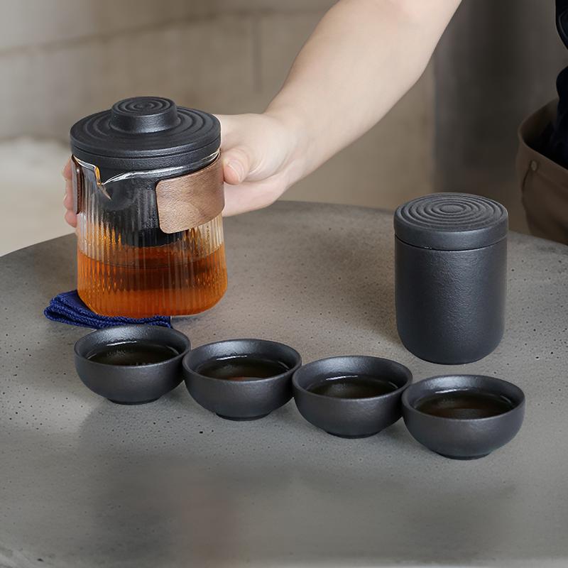 [SALE]"Wood Talk" Handmade Black Pottery Easy Brew Outdoor Teaset With Protective Case-TeaTsy Official Website