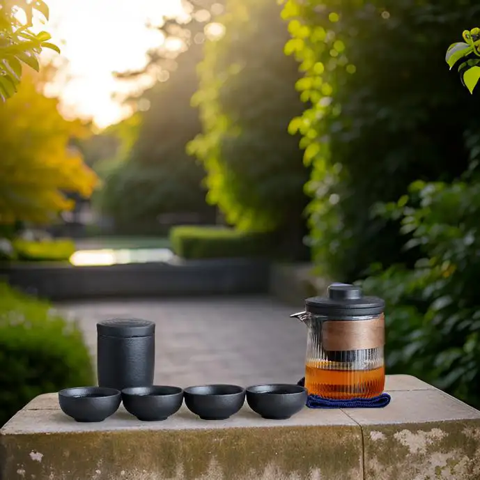 [SALE]"Wood Talk" Handmade Black Pottery Easy Brew Outdoor Teaset With Protective Case-TeaTsy Official Website