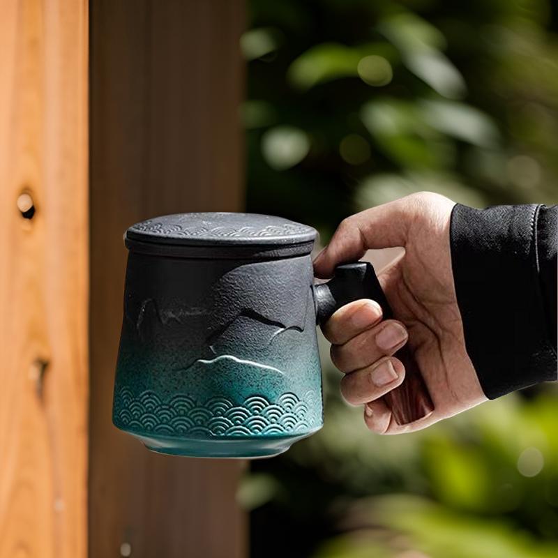 “Mountain” - Embossed Ceramic Tea Mug With Wooden Handle and Removable Infuser-TeaTsy Official Website