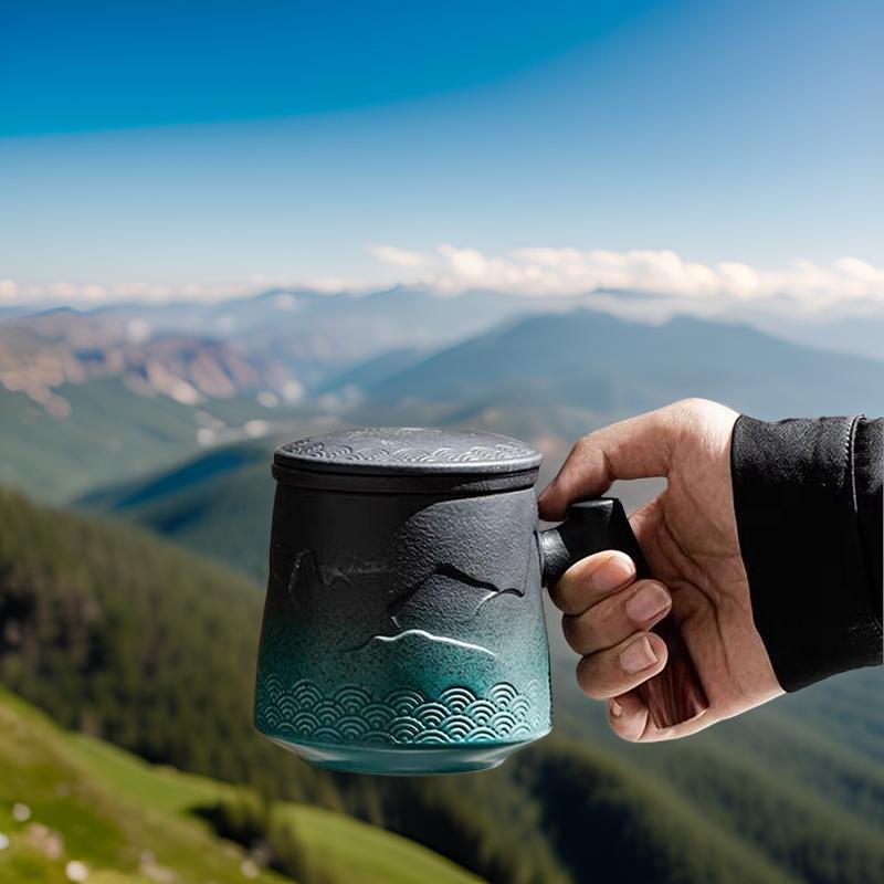 “Mountain” - Embossed Ceramic Tea Mug With Wooden Handle and Removable Infuser-TeaTsy Official Website
