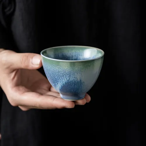 [New Arrival]"Azure Mist" - Artisanal Gradient Blue-Green Kiln Transformation Gongfu Teacup
