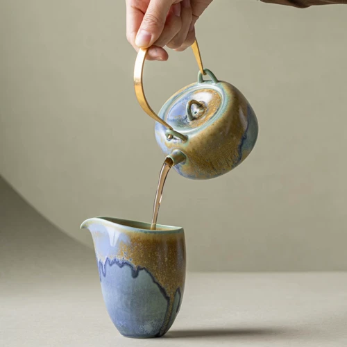 [Spring Special]Thousand Miles of Rivers and Mountains/千里江山（Qian Li Jiang Shan - Handmade Crystalline Glaze Beam-Handled Teapot