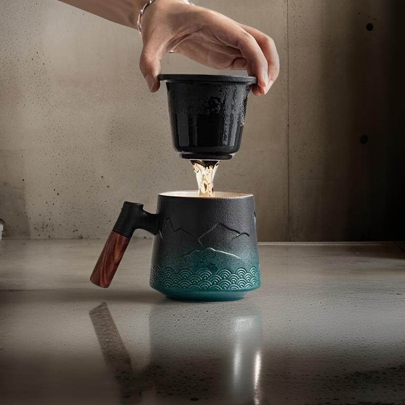 “Mountain” - Embossed Ceramic Tea Mug With Wooden Handle and Removable Infuser-TeaTsy Official Website