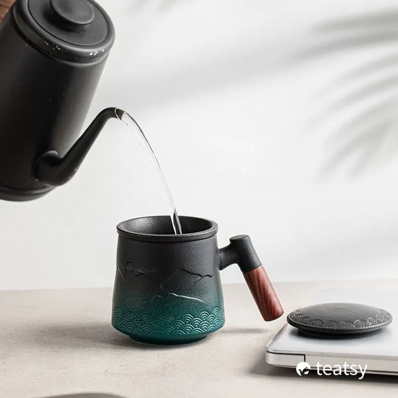 “Mountain” - Embossed Ceramic Tea Mug With Wooden Handle and Removable Infuser-TeaTsy Official Website
