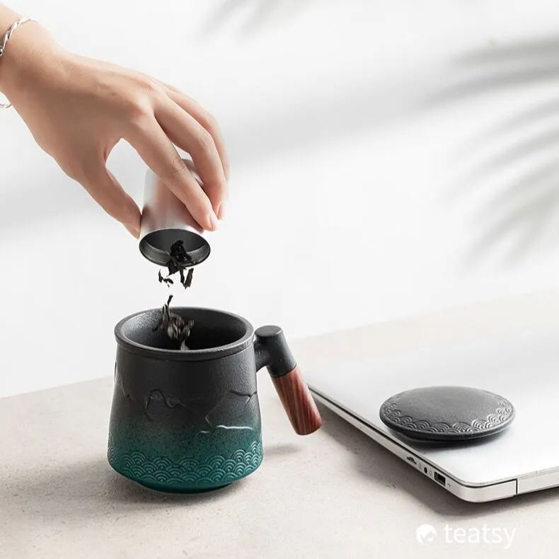 “Mountain” - Embossed Ceramic Tea Mug With Wooden Handle and Removable Infuser-TeaTsy Official Website