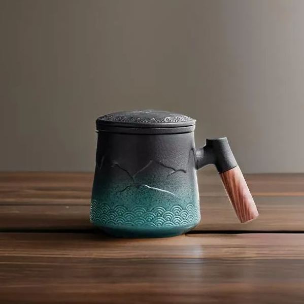 “Mountain” - Embossed Ceramic Tea Mug With Wooden Handle and Removable Infuser-TeaTsy Official Website